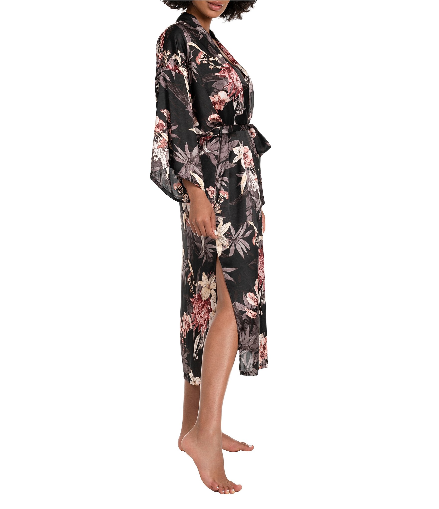 Midnight Bakery 3/4 Sleeve Satin Floral Coordinating Midi Robe