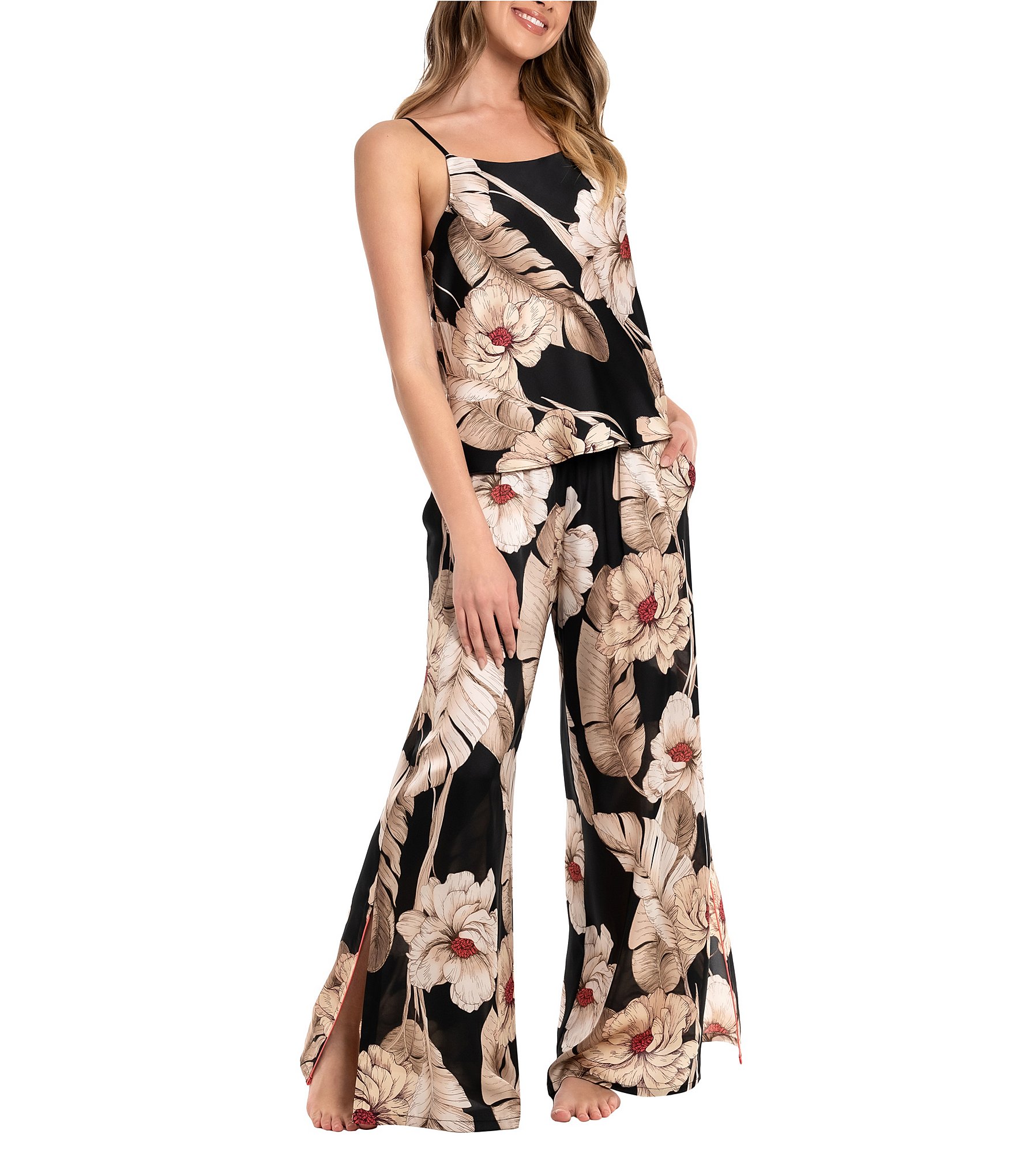 Midnight Bakery Floral Leaf Matte Satin Cami Palazzo Pant Pajama Set Dillard s