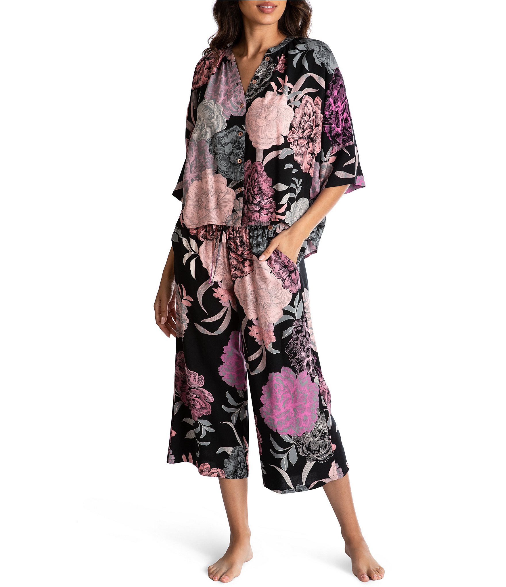 Midnight Bakery Floral Print 3/4 Sleeve Capri Pajama Set