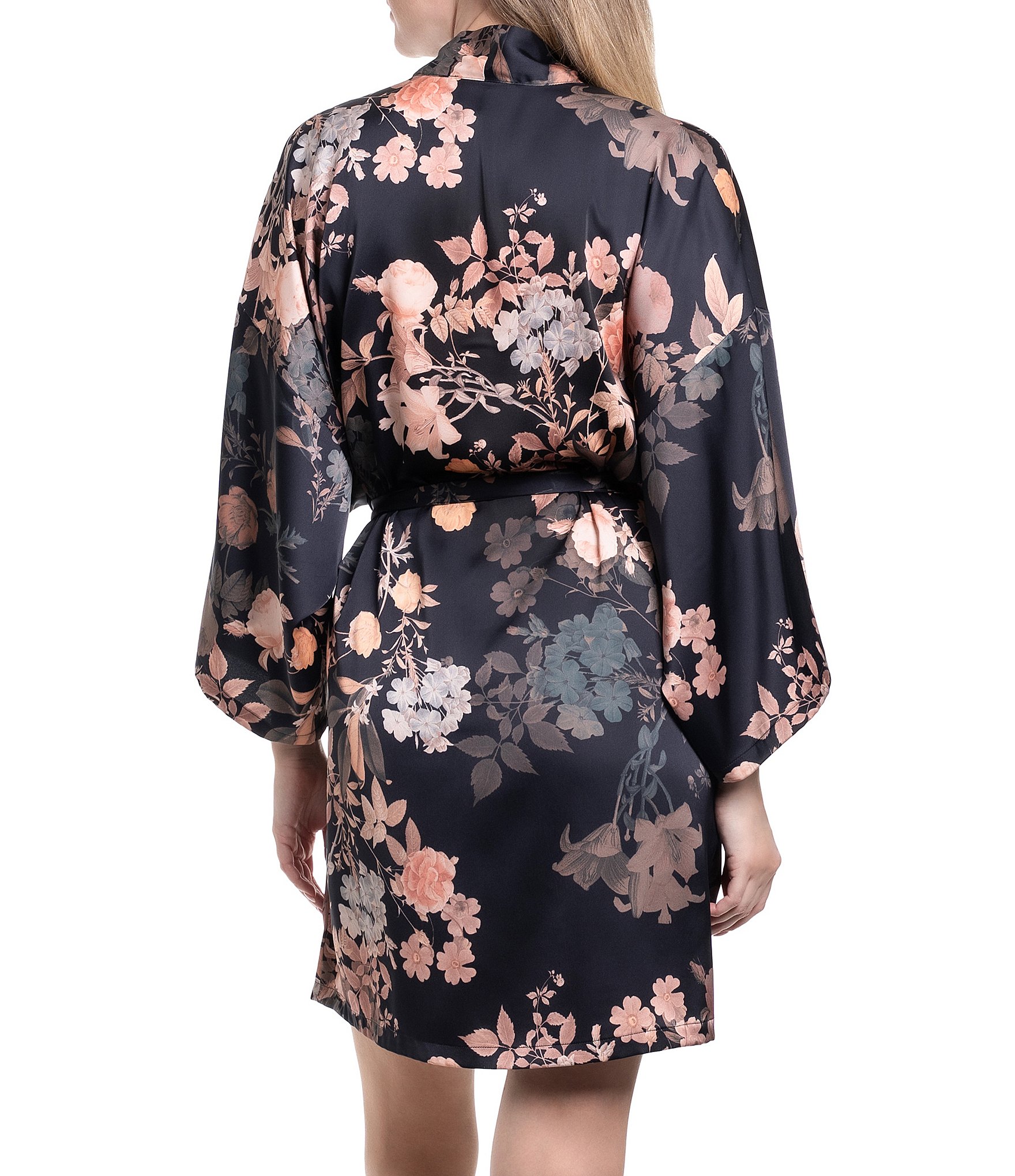 Midnight Bakery Floral Print 3/4 Sleeve Stretch Satin Short Robe
