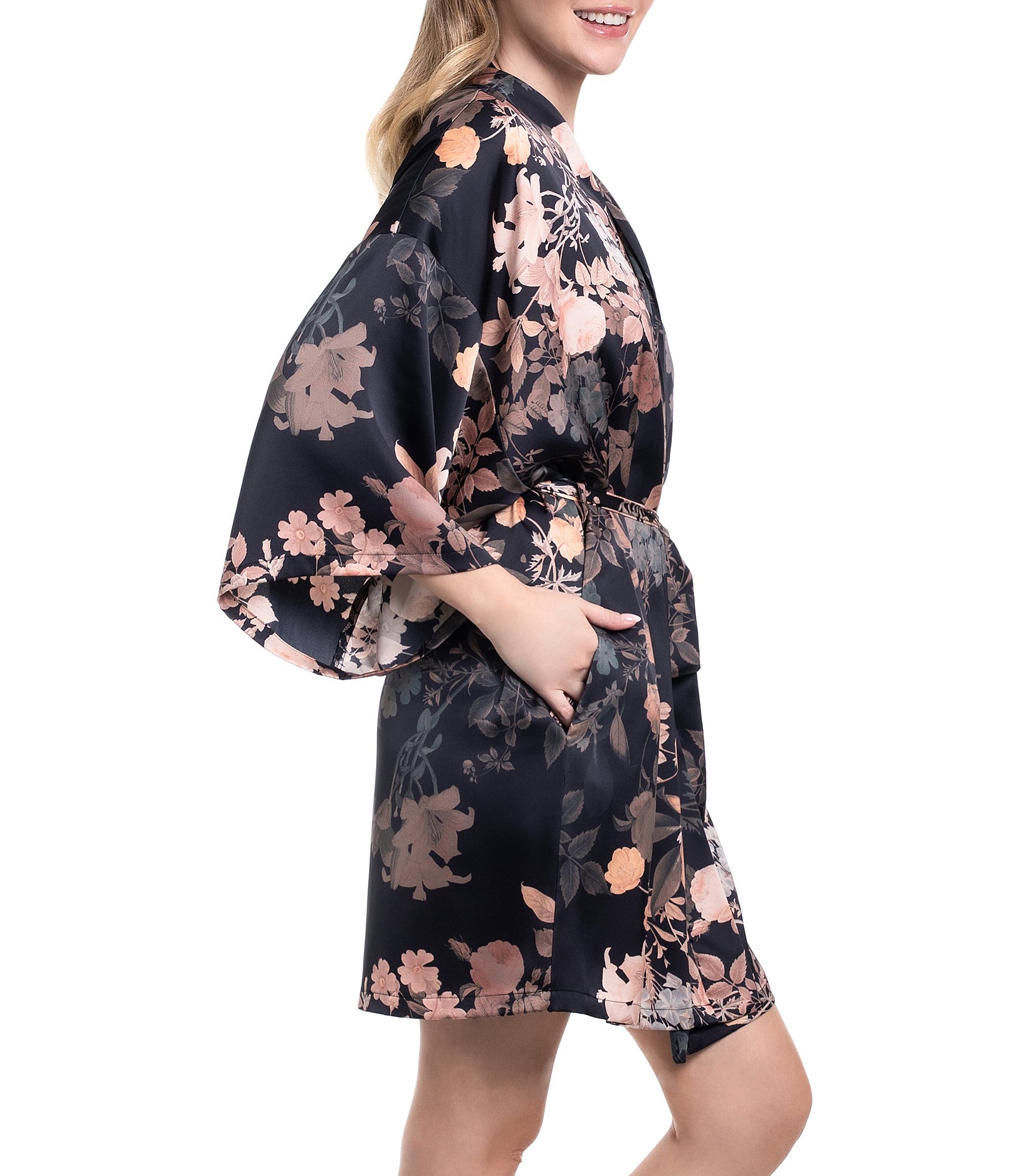 Midnight Bakery Floral Print 3/4 Sleeve Stretch Satin Short Robe