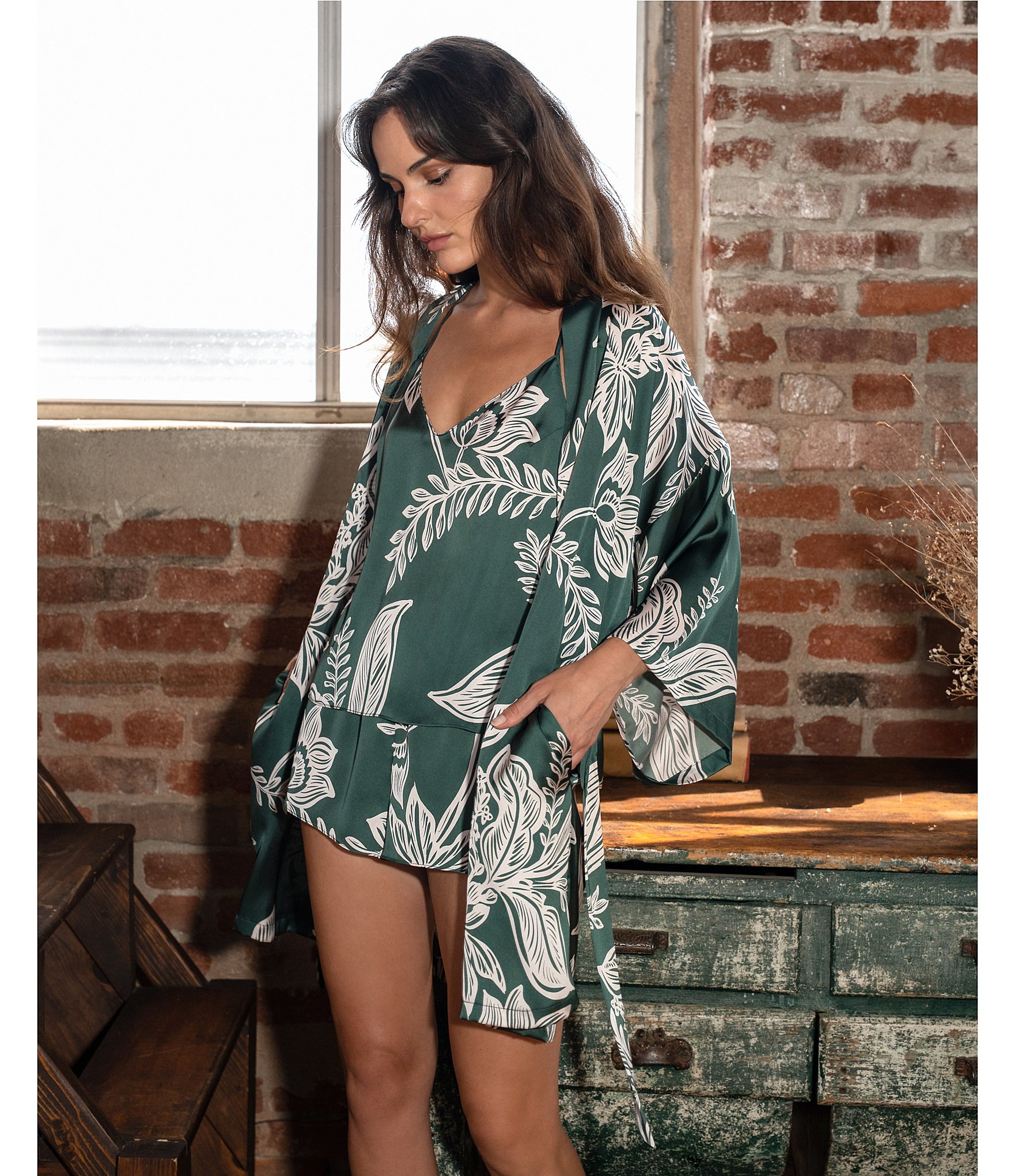 Midnight Bakery Foliage Print Sleeveless V-Neck Satin Cami Short Set
