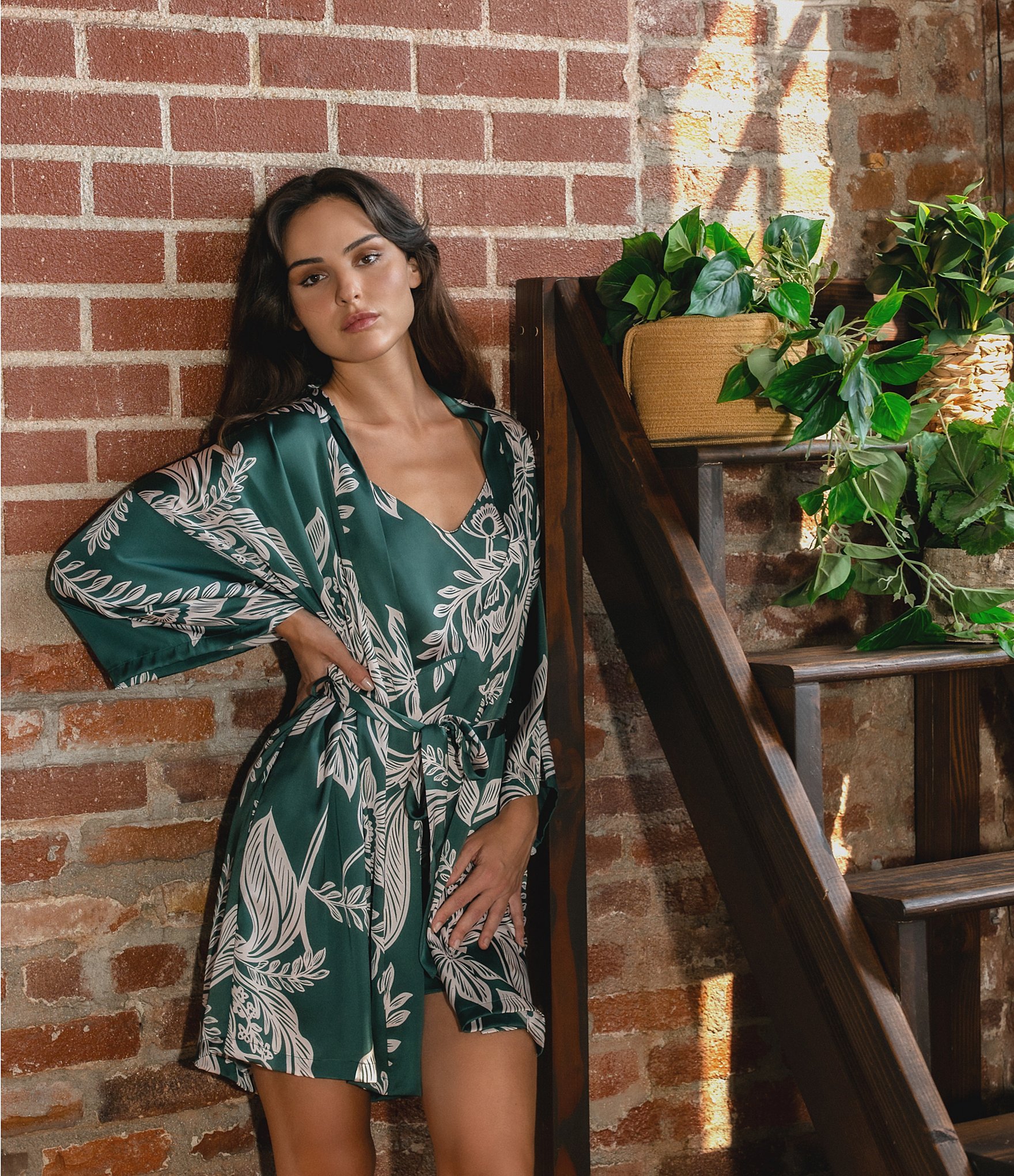 Midnight Bakery Foliage Print Sleeveless V-Neck Satin Cami Short Set