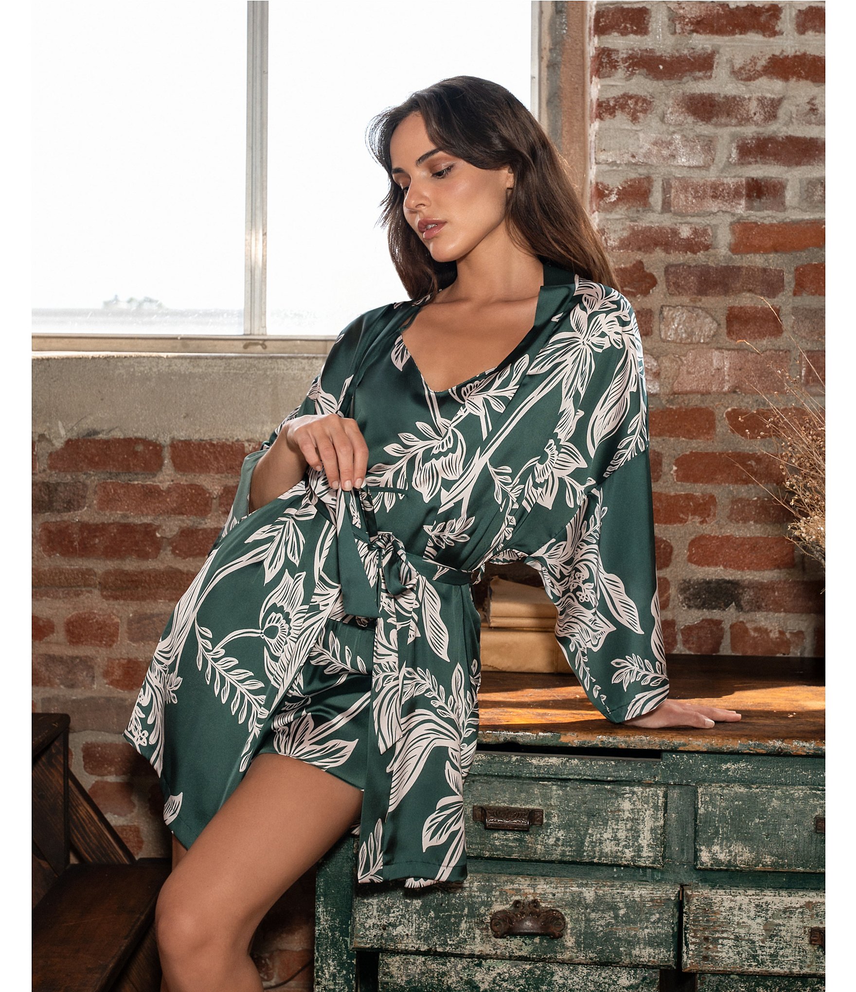 Midnight Bakery Foliage Print Sleeveless V-Neck Satin Cami Short Set