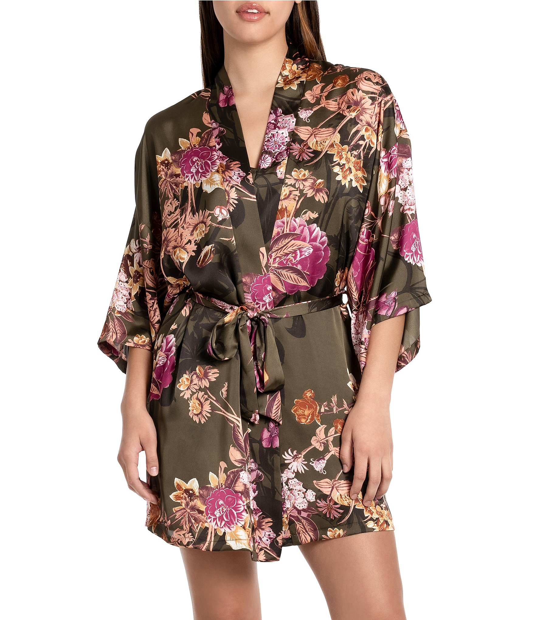 Midnight Bakery Satin Floral 3/4 Sleeve Coordinating Robe