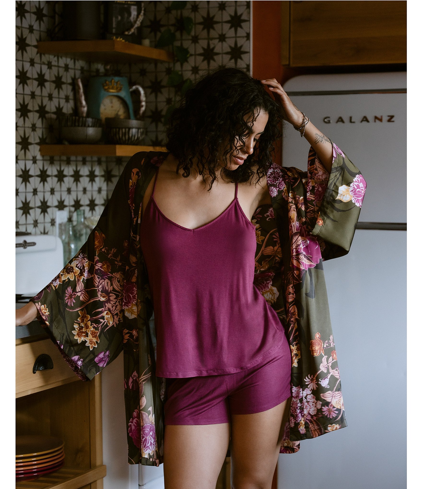 Midnight Bakery Satin Floral 3/4 Sleeve Coordinating Robe