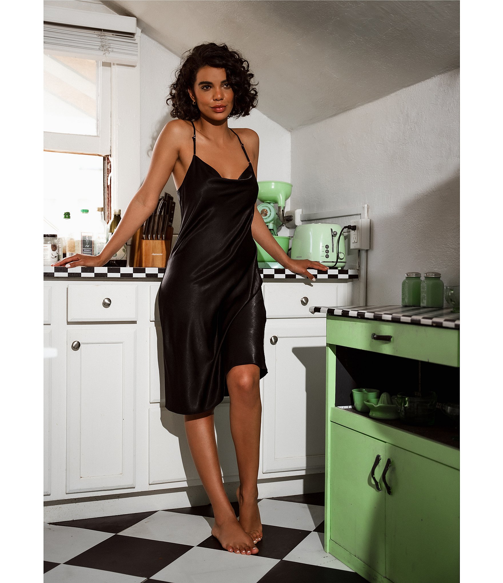 Midnight Bakery Shimmer Satin Cowl Neck Midi Chemise