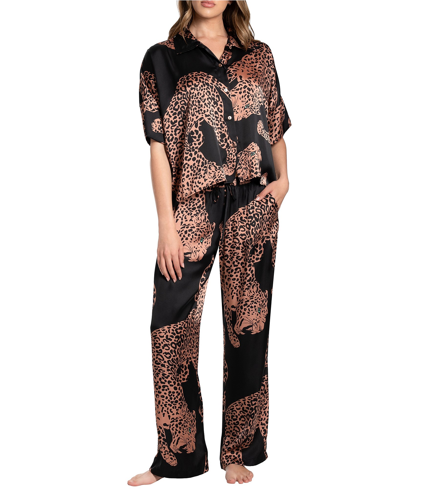 Midnight Bakery Short Sleeve Notch Collar Satin Leopard Print Pajama Set