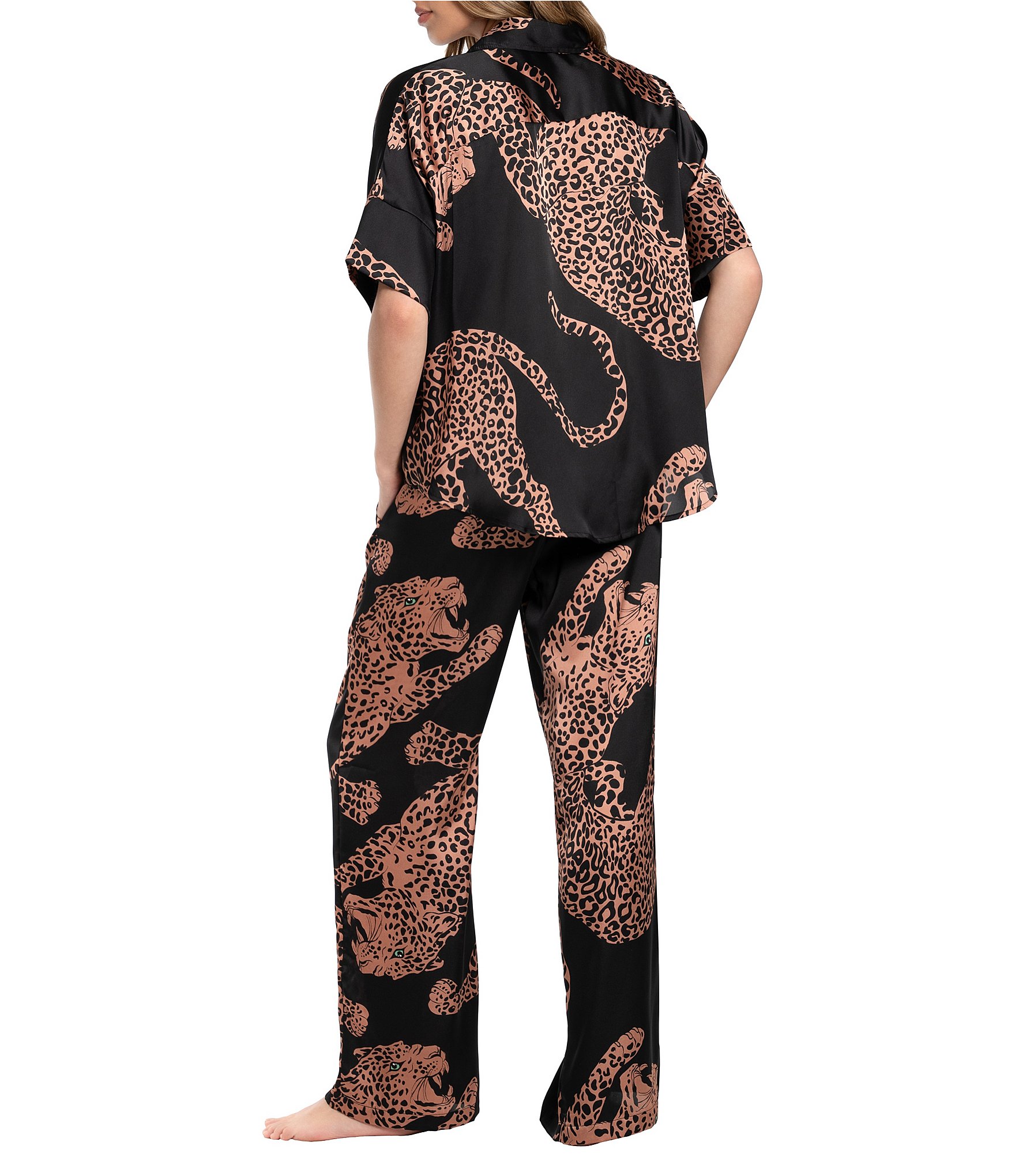 Midnight Bakery Short Sleeve Notch Collar Satin Leopard Print Pajama Set