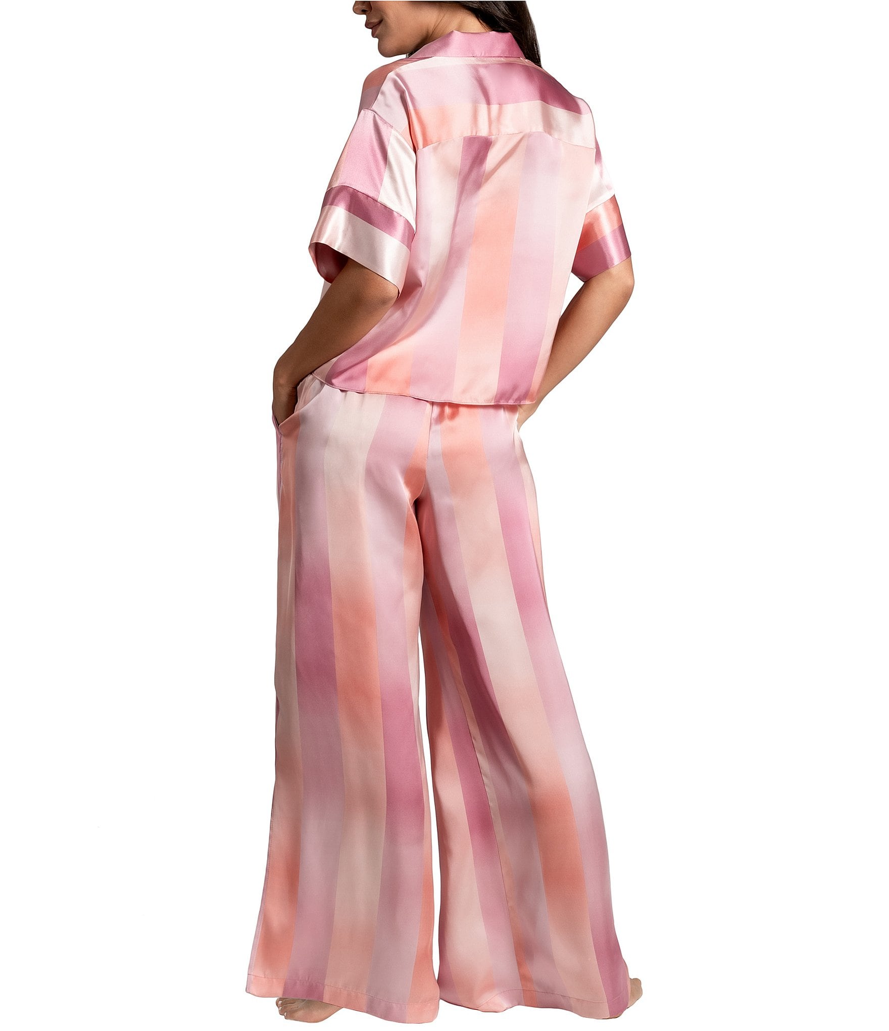 Midnight Bakery Striped Short Sleeve Notch Collar Satin Shirt & Palazzo Pant Pajama Set