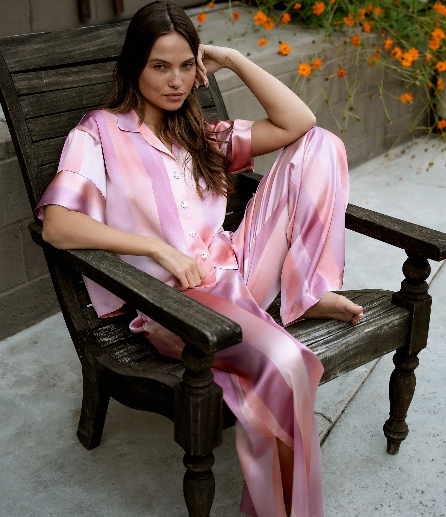 Midnight Bakery Striped Short Sleeve Notch Collar Satin Shirt & Palazzo Pant Pajama Set