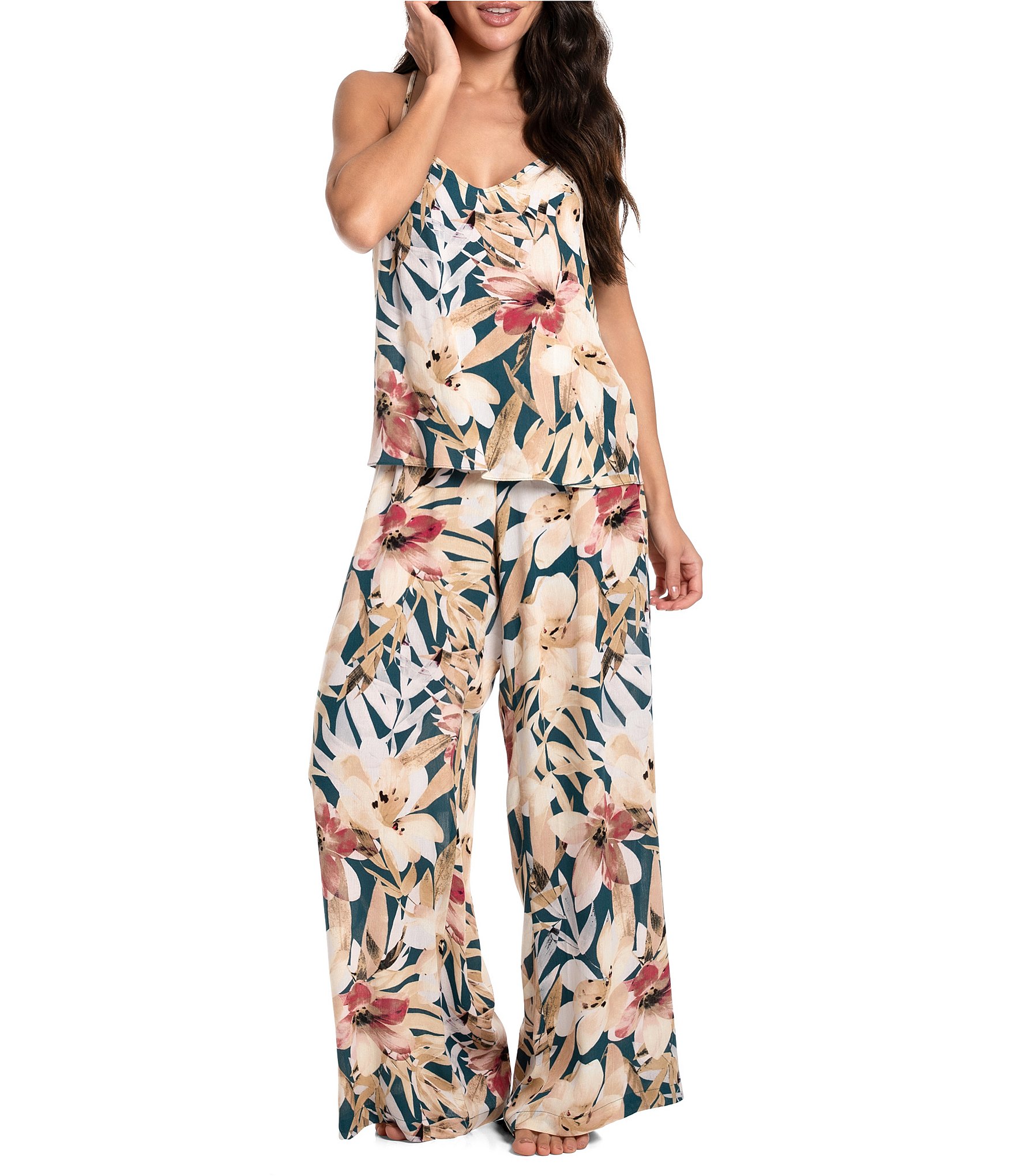 Midnight Bakery Tropical Floral Print Sleeveless V-Neck Woven Pant ...