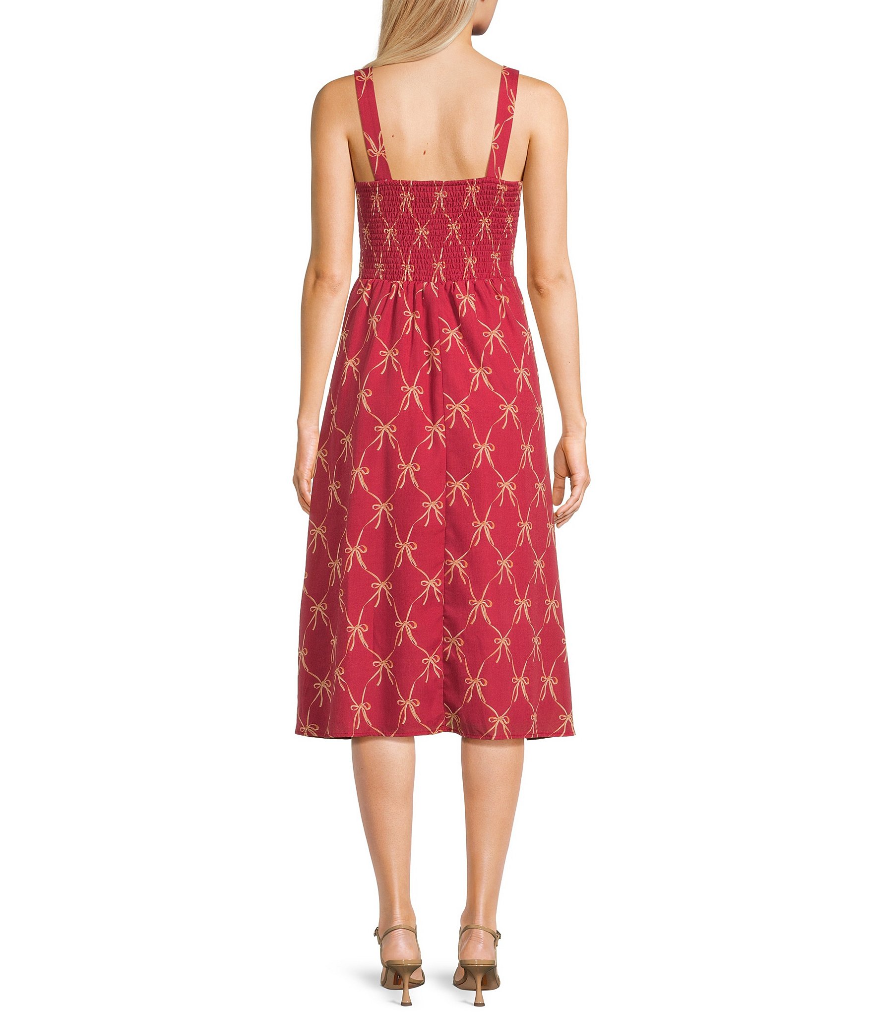 Midnight Doll Bow Print Pleated Midi Dress