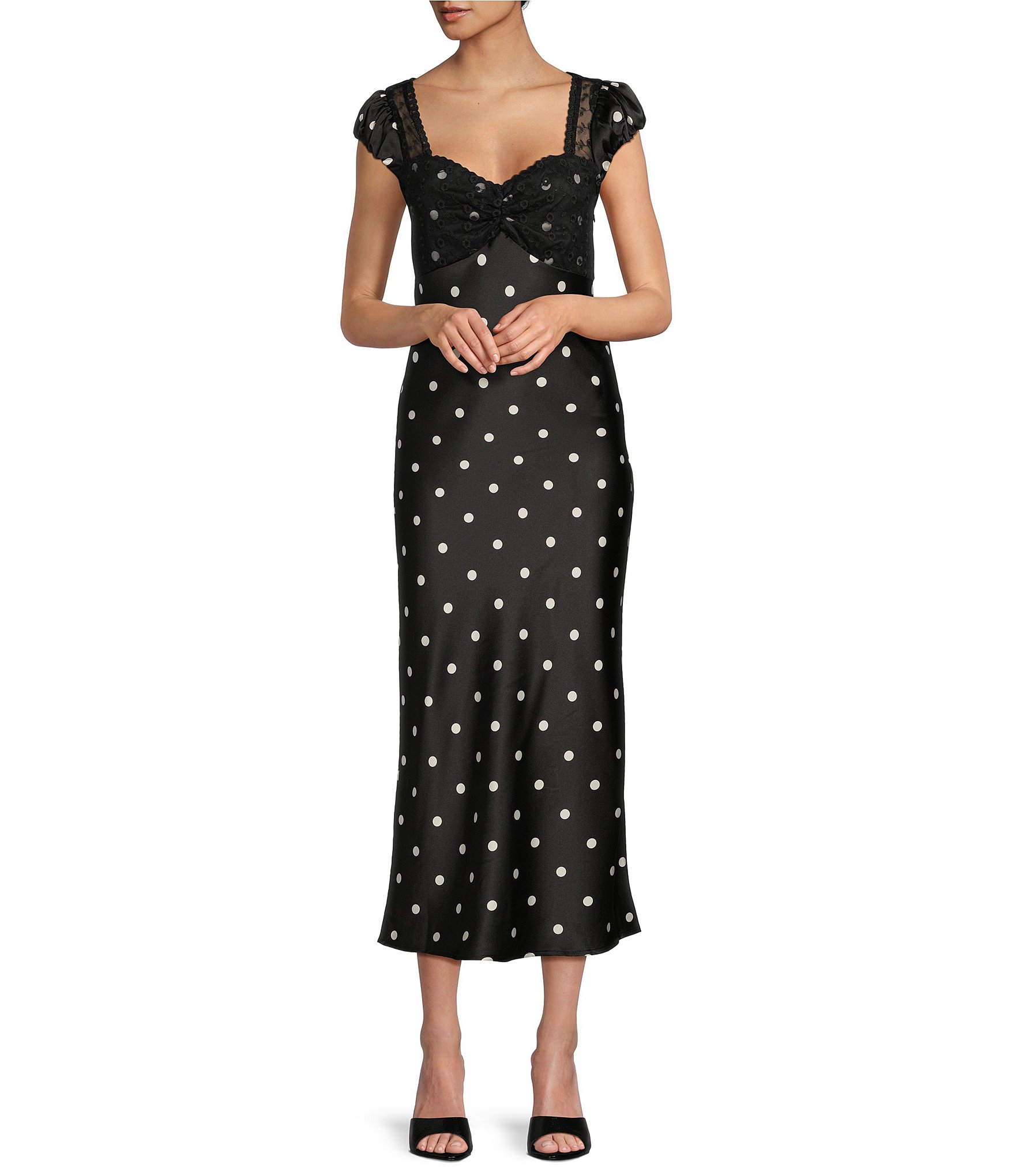 Midnight Doll Cap Lace Sleeve Satin Polka Dot Dress | Dillard's