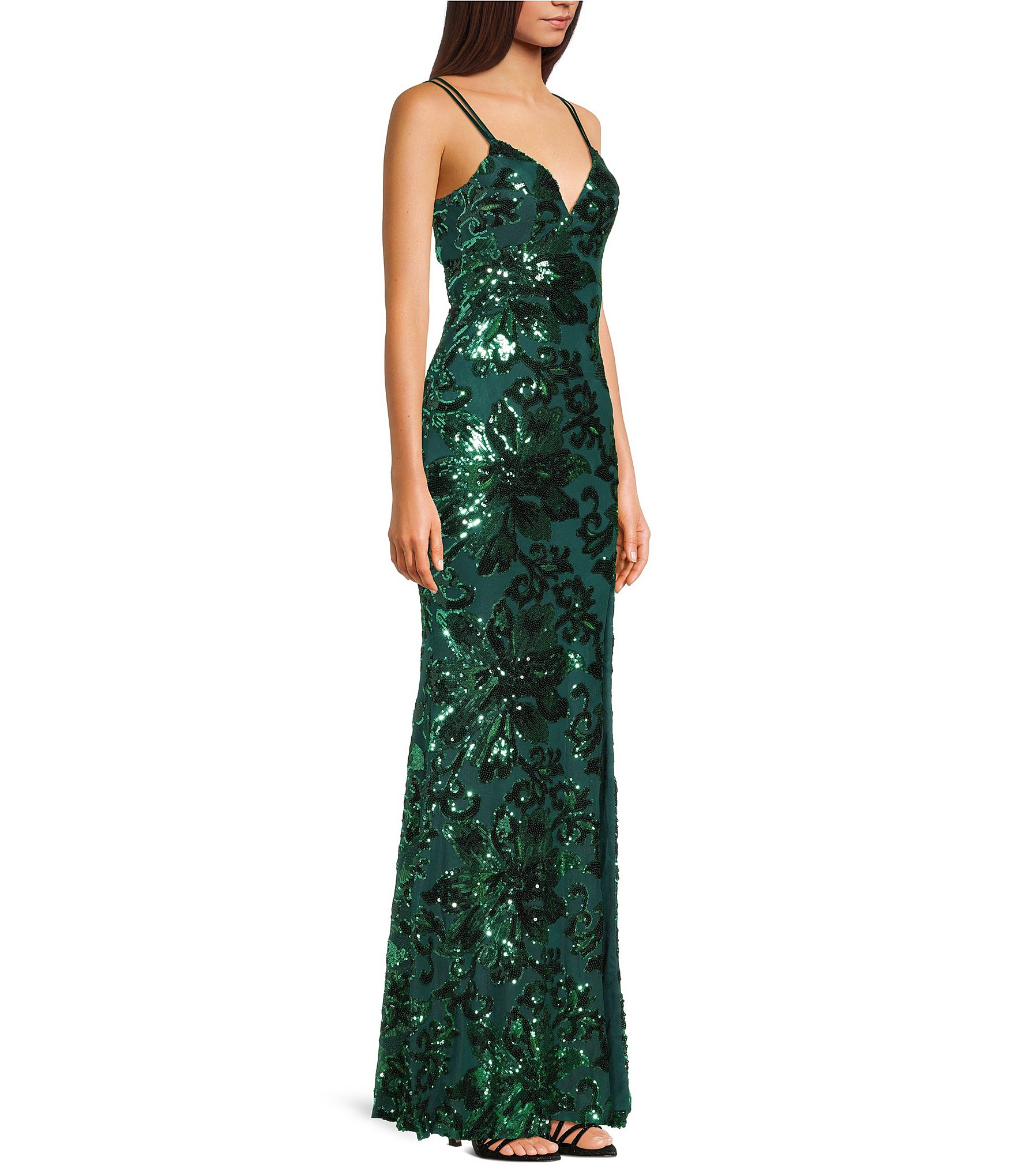 Midnight Doll Floral Patterned Sequin Double Spaghetti Strap V-Neck Side Slit Dress