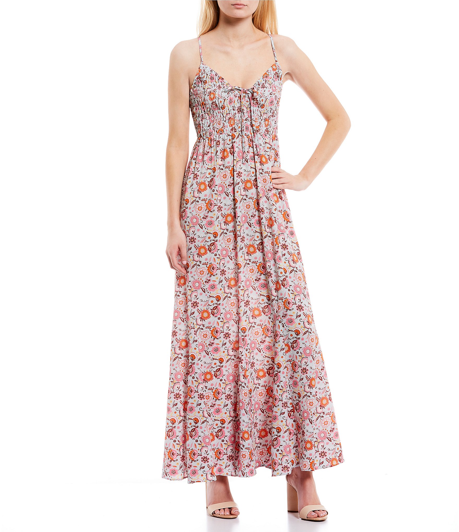 Midnight Doll Floral Print Tie Front Smocked Maxi Dress | Dillard's