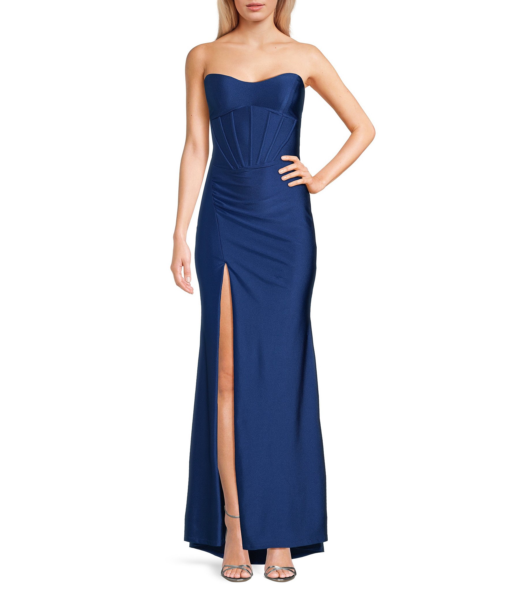 Midnight Doll Jersey Satin Knit Strapless Corseted Dress
