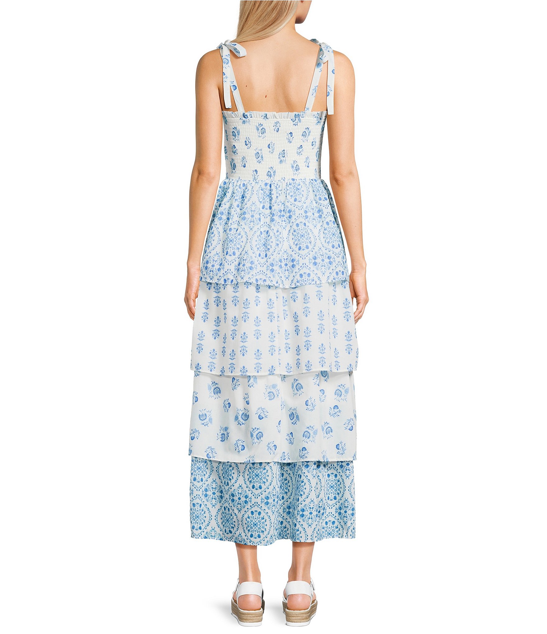 Midnight Doll Mixed Printed Tie Shoulder Smocked Tiered Dress