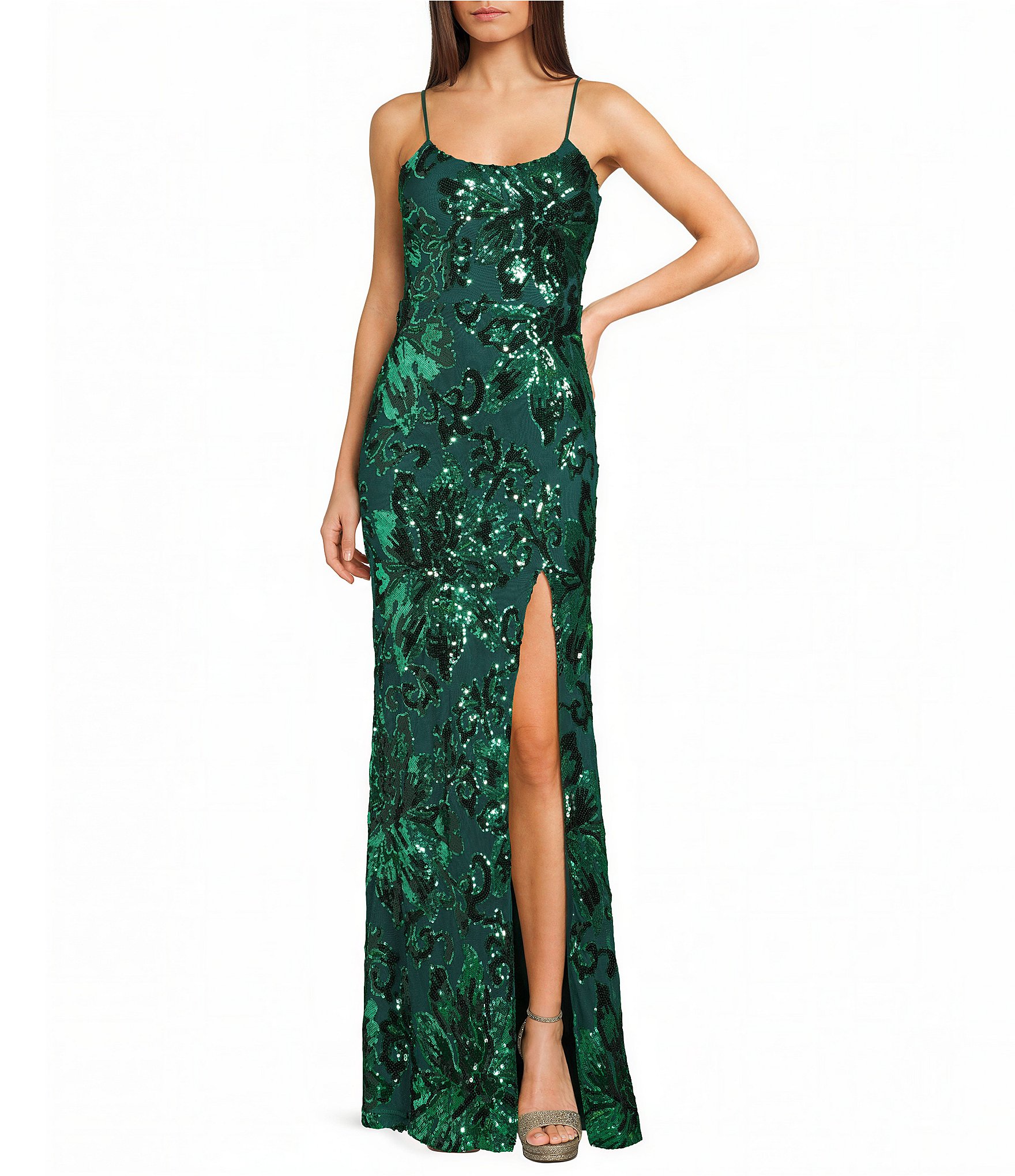 Midnight Doll Patterned Sequin Scoop Neck Spaghetti Strap Side Slit Dress