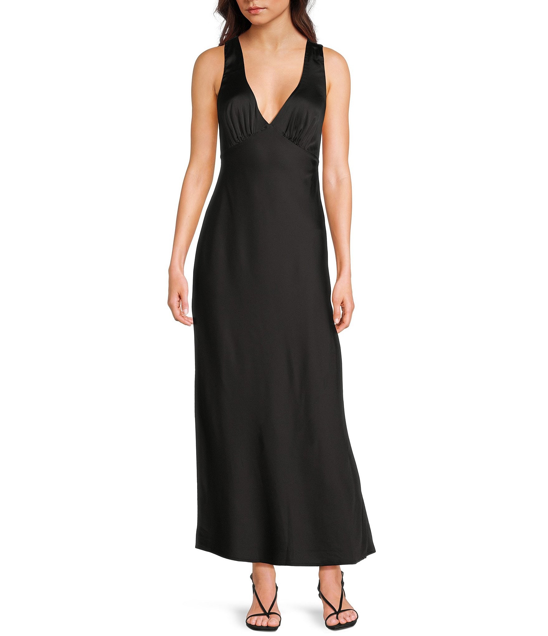 Midnight Doll Satin V-Neck Sleeveless Back Drape Dress