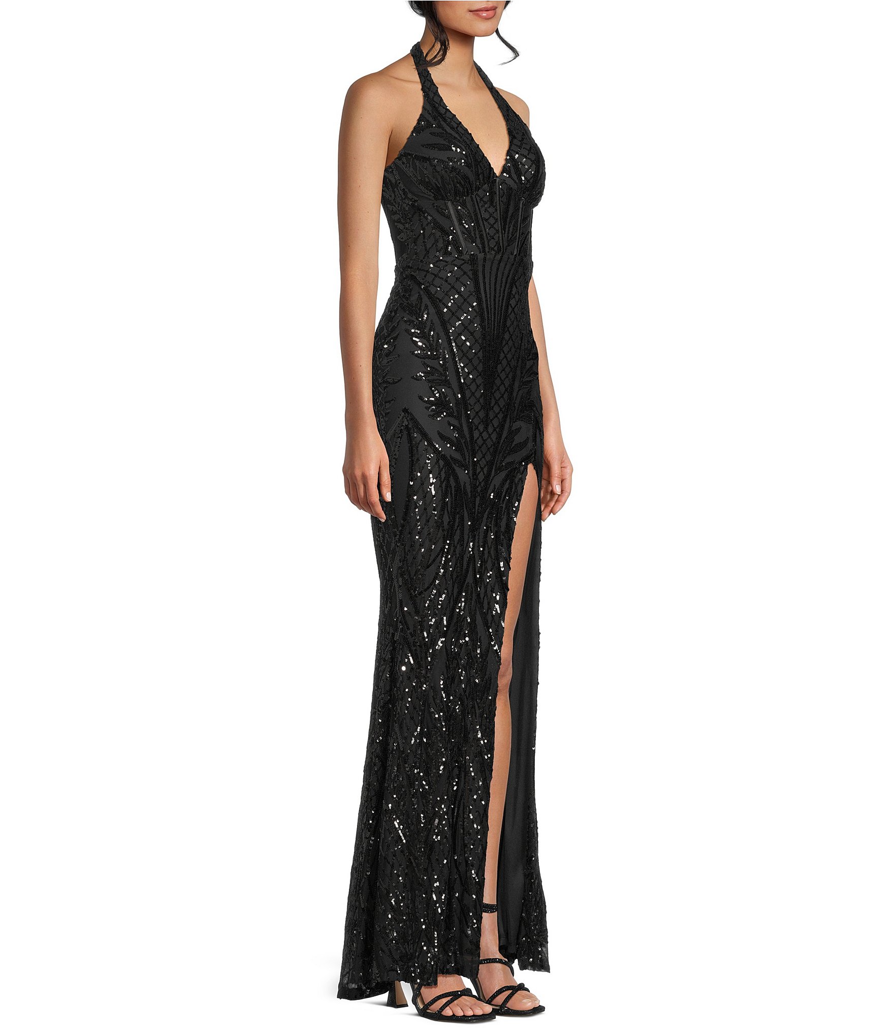 Midnight Doll Sequin Patterned Mesh Halter Neck Side Slit Long Dress