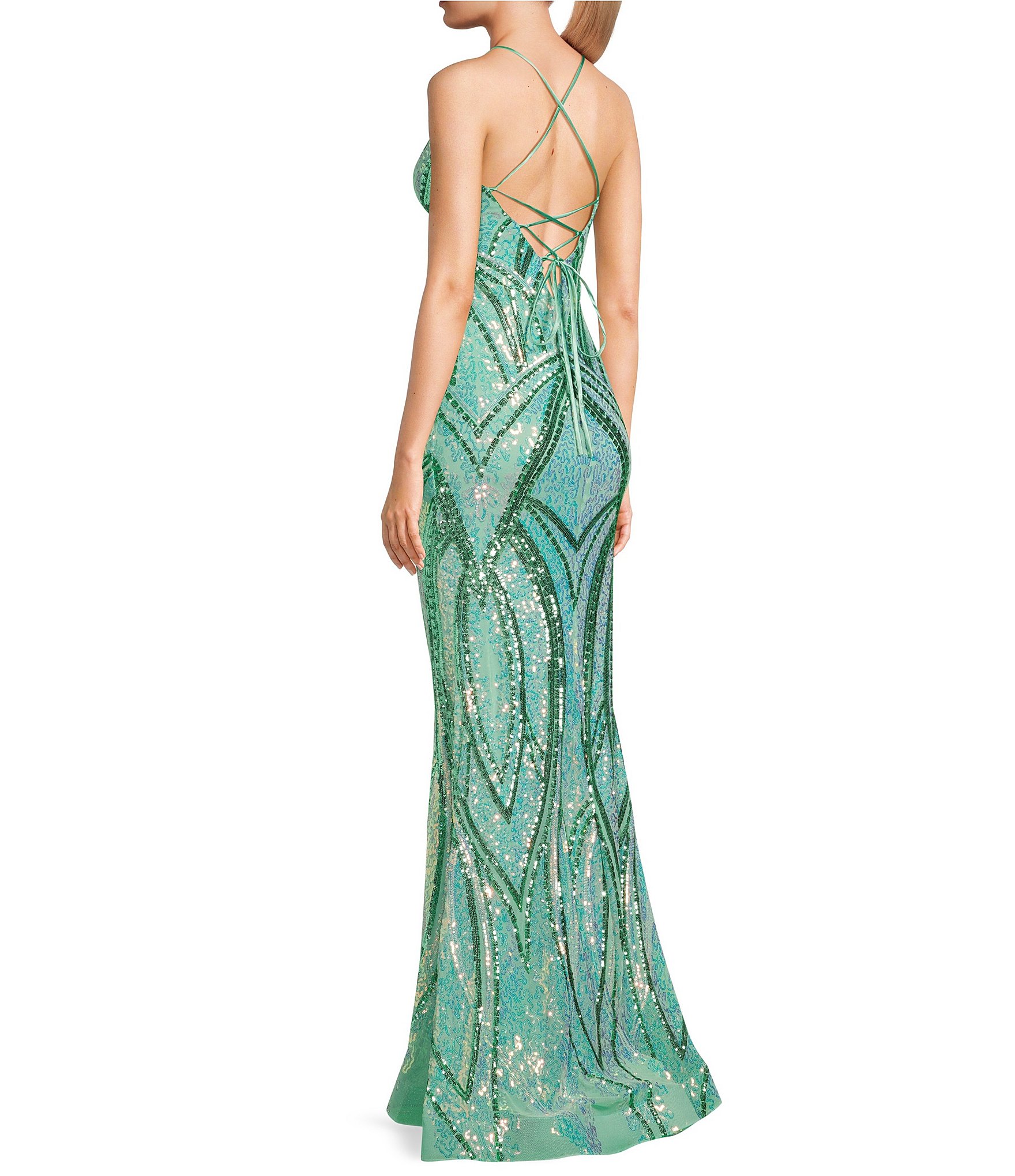 Midnight Doll Sequin Patterned V-Neck Pinch Front Lace Up Tie Back Long Dress