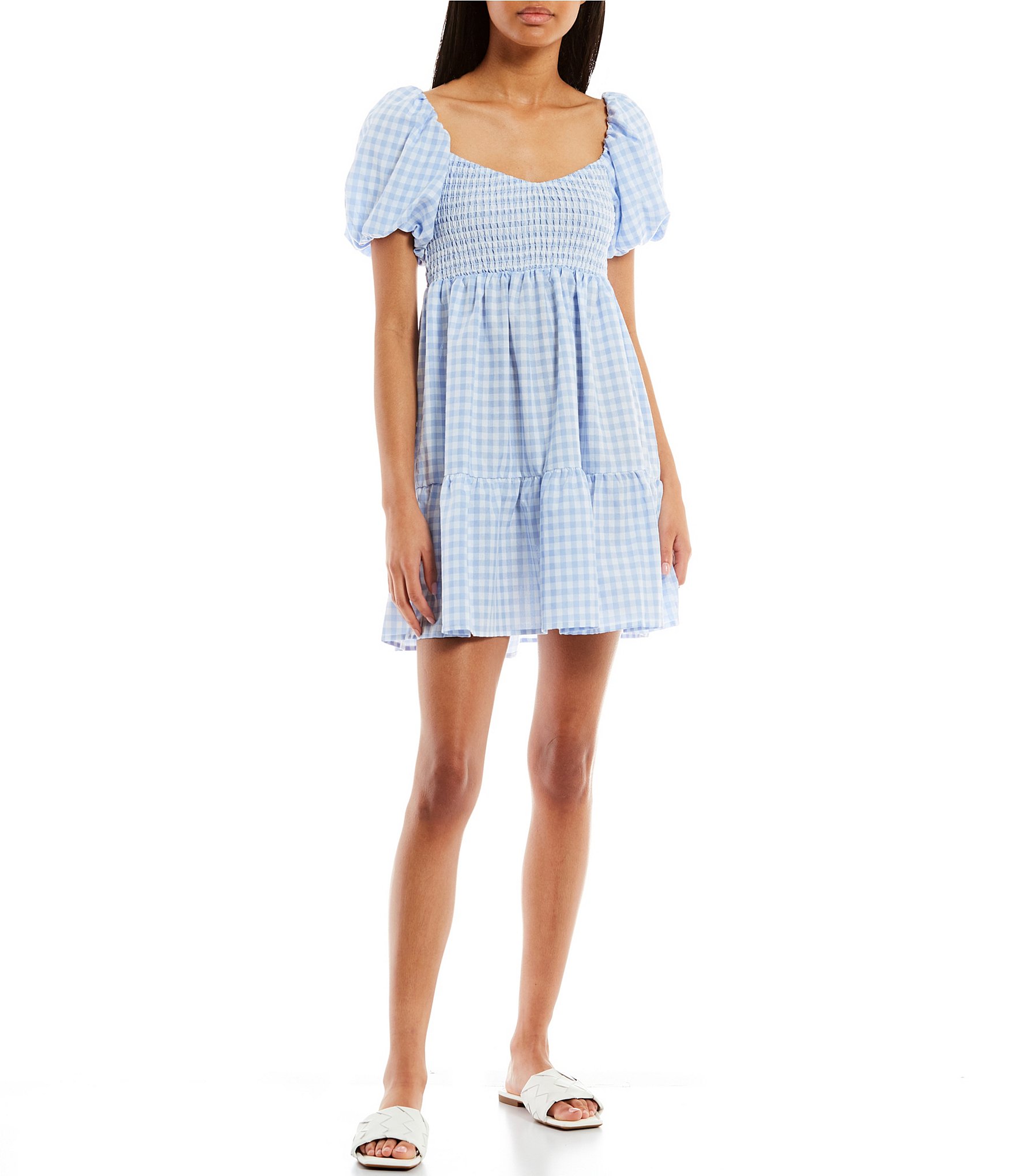 Midnight Doll Short Puff Sleeve Smocked Checked Dress | Dillard's