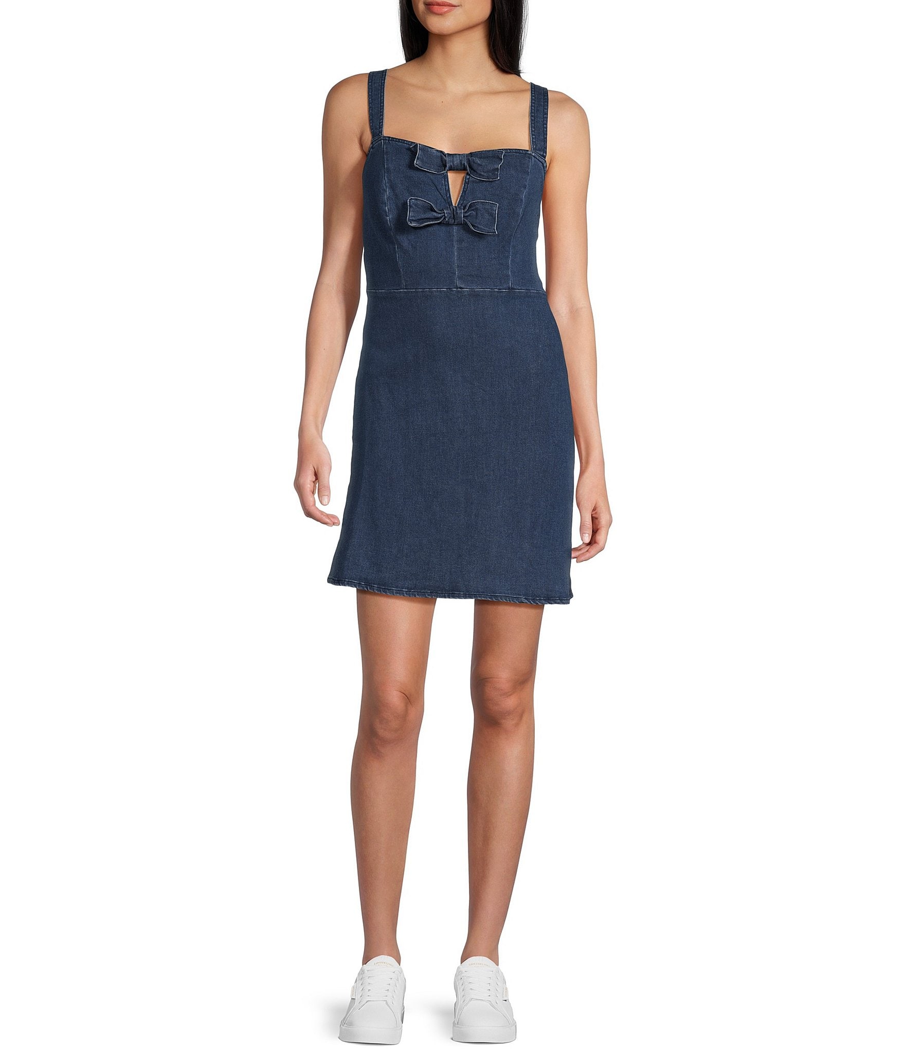 Midnight Doll Sleeveless A-Line Bow Bodice Detail Denim Dress | Dillard's