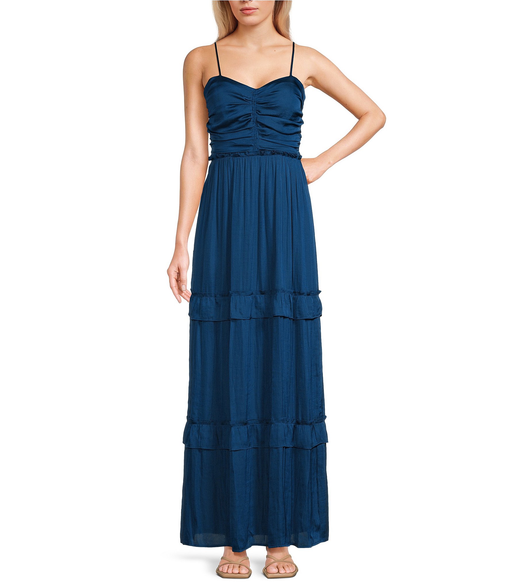 Midnight Doll Spaghetti Strap Sweetheart Tier Ruffle Crushed Satin Maxi Dress Dillard S