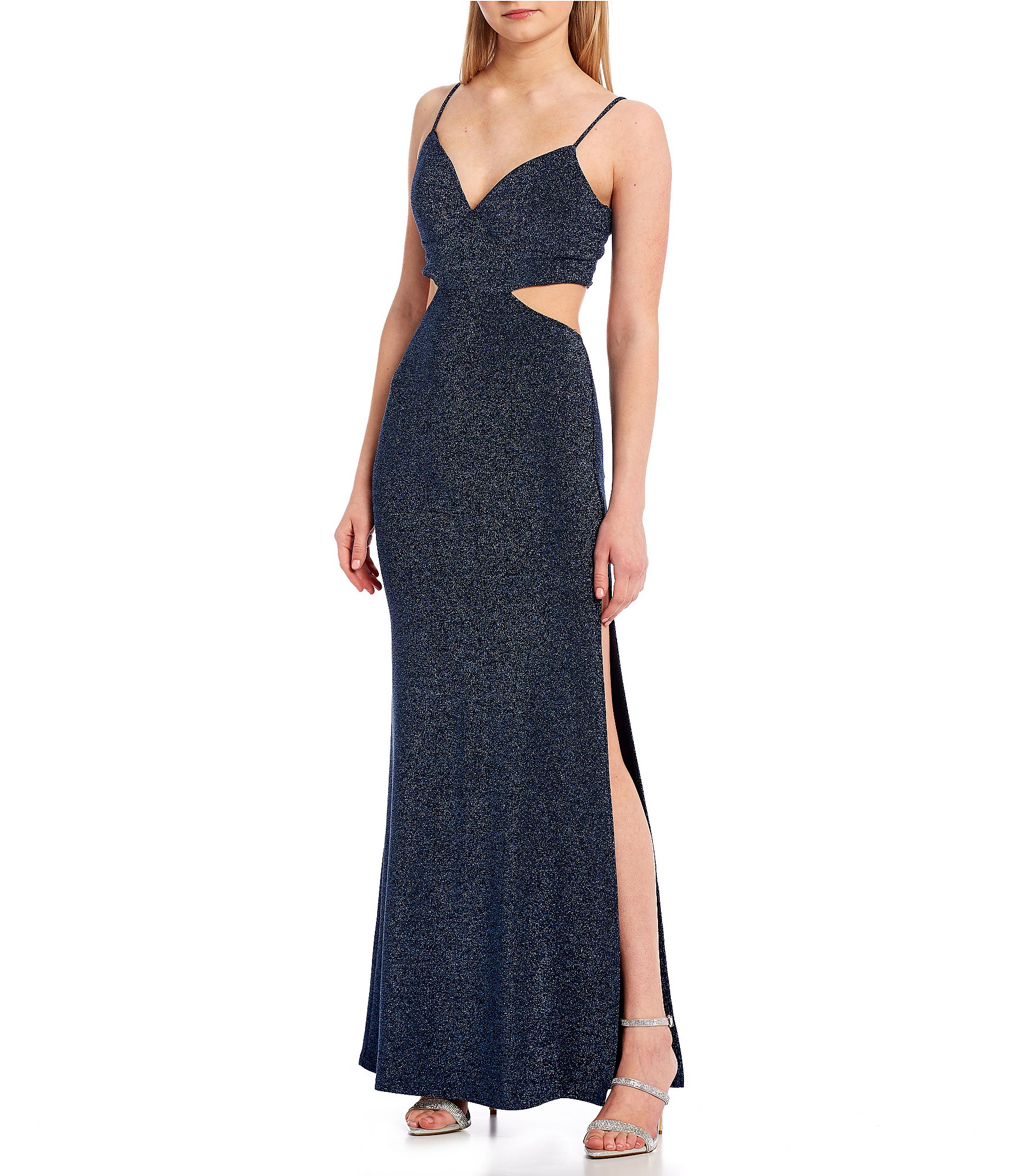 Midnight Doll Spaghetti Strap V Neck Side Cutout Glitter Knit Long Slit Hem Dress Dillards 