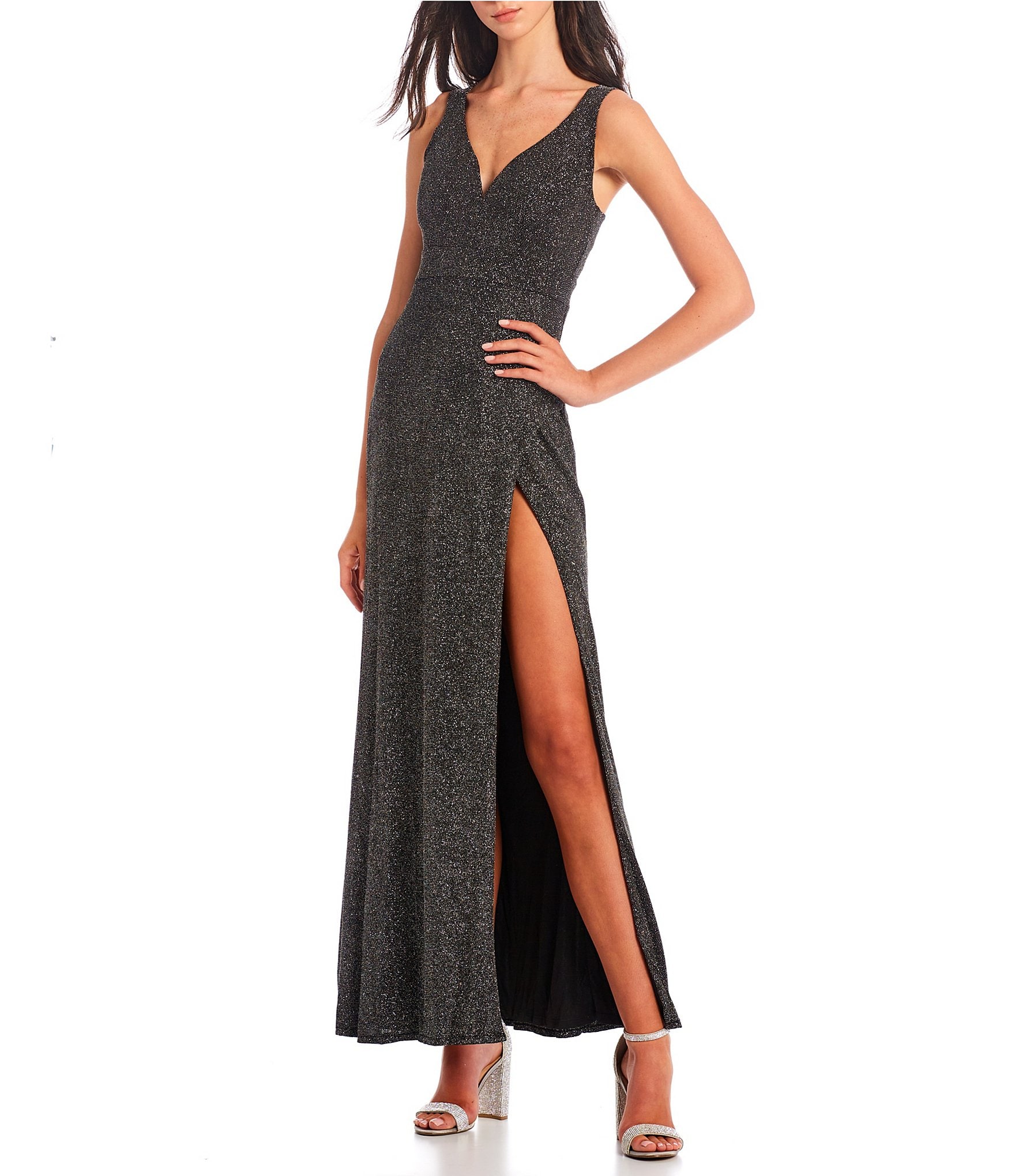 Midnight Doll Sleeveless V Neck Slit Hem Glitter Knit Long Dress Dillards 