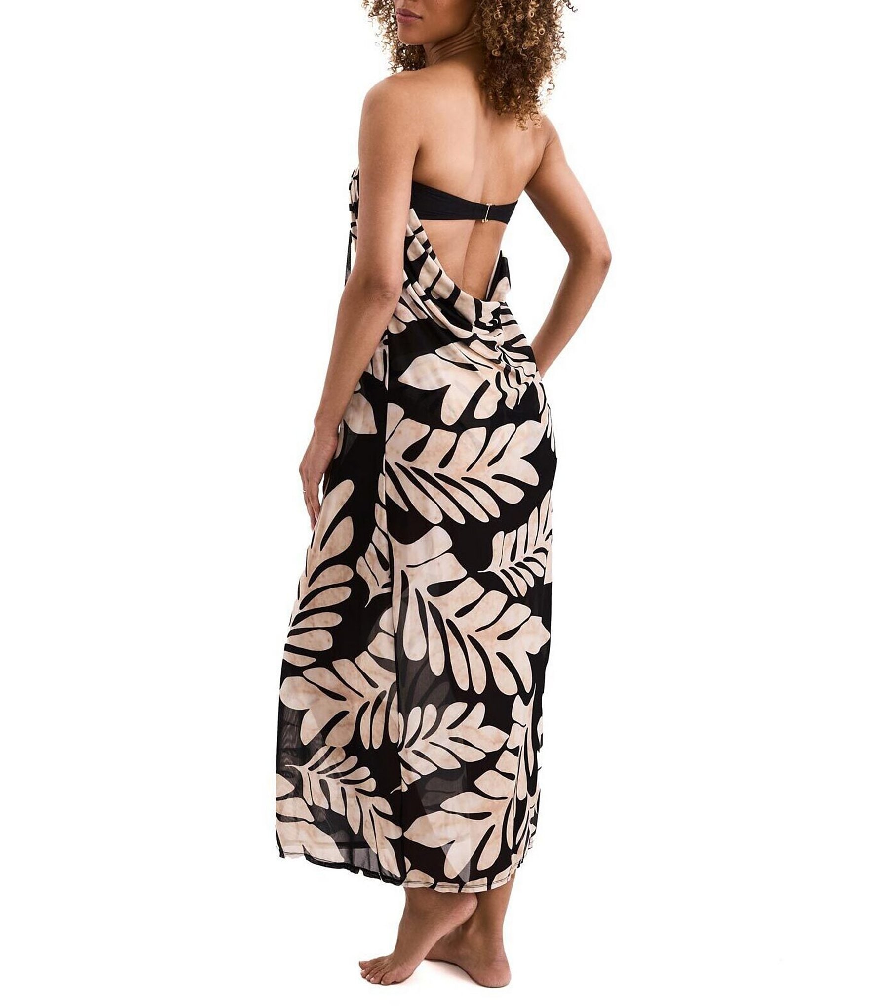Mimi Flamingo Ariel Palm Leaf Print Cowl Back Maxi Swim Cover-Up