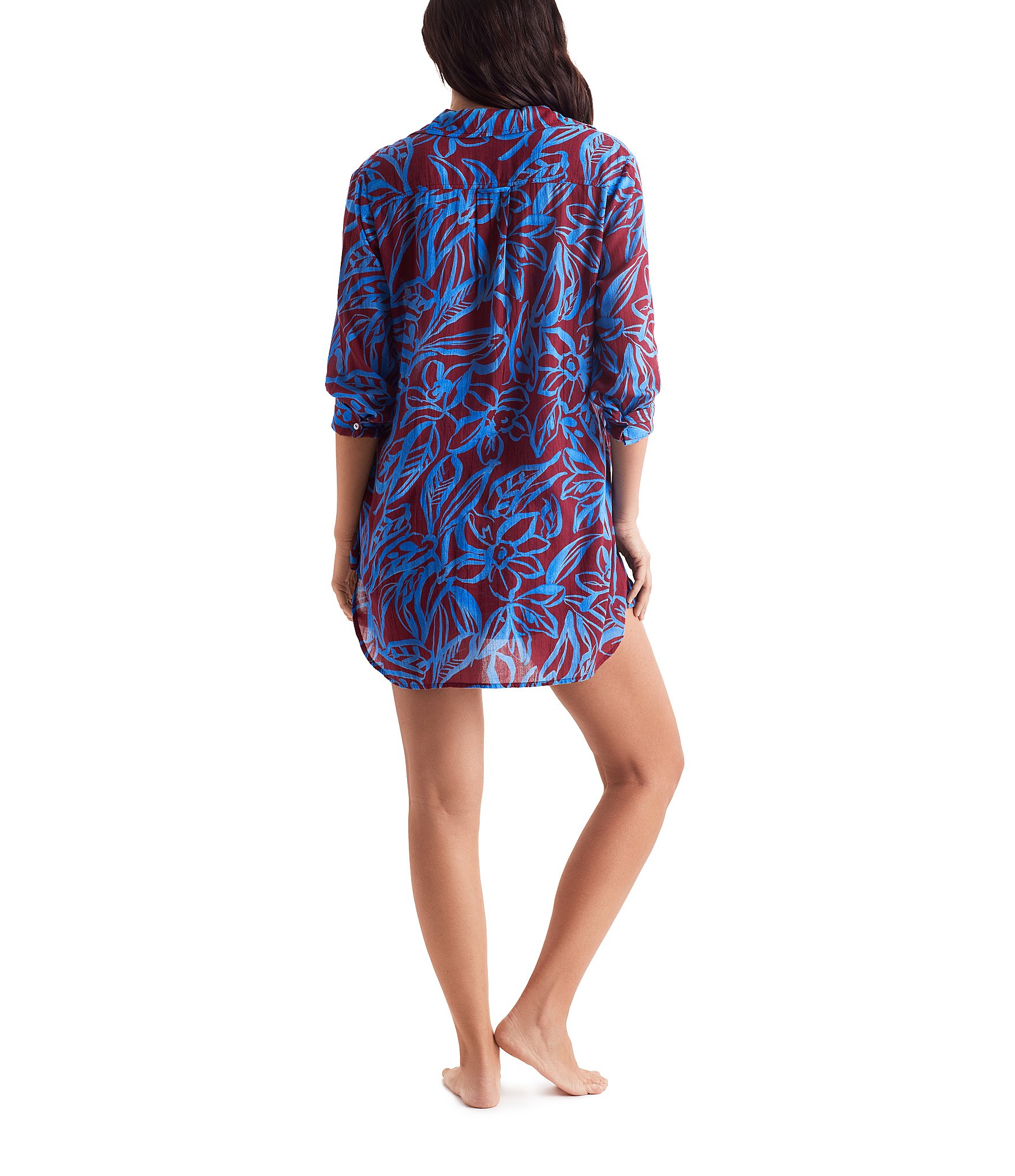 Mimi Flamingo Oasis Laguna Gauze Woven Point Collar Button Front Shirt Swim Cover-Up