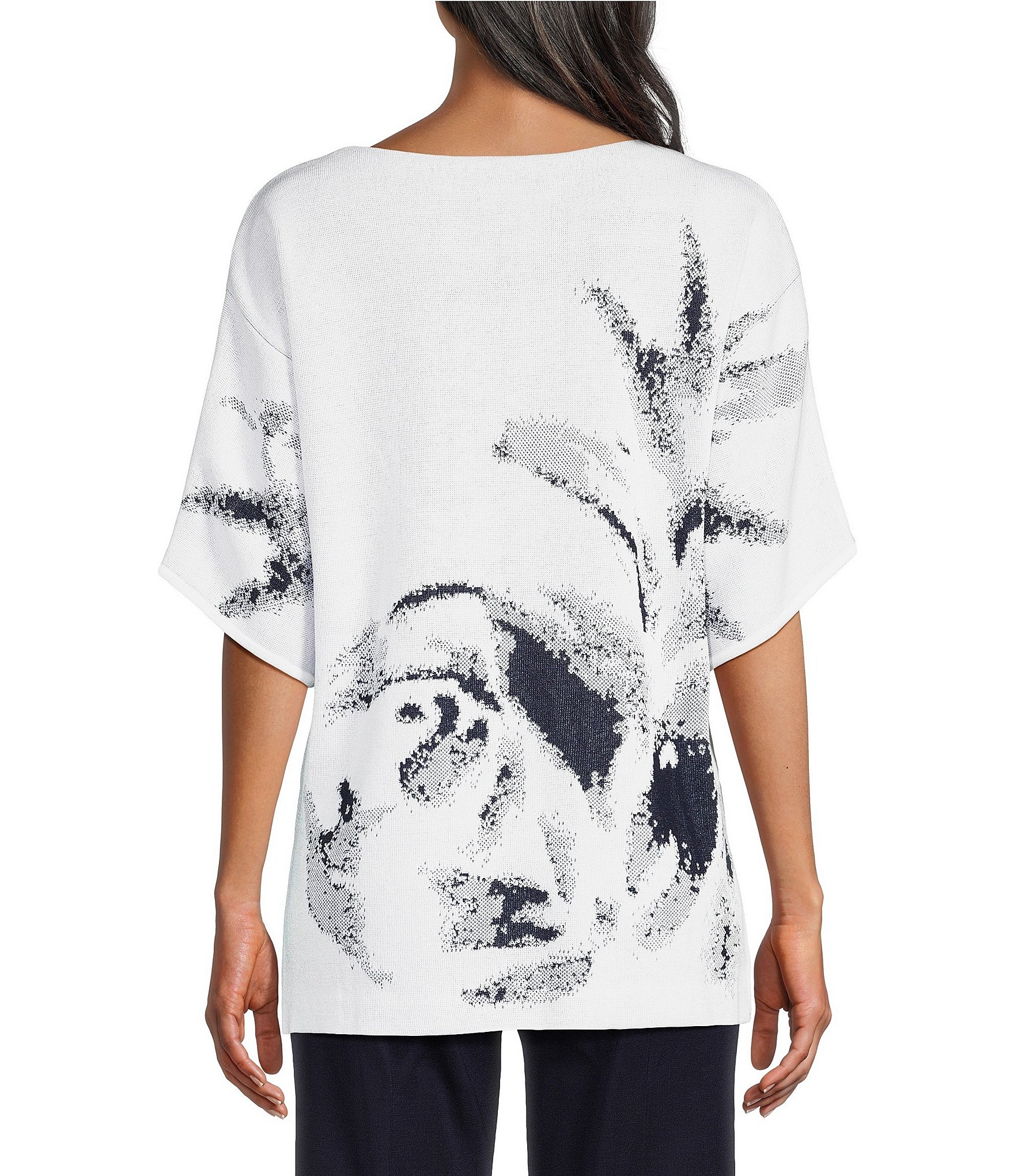 Ming Wang Abstract Print Soft Knit Square Neck Elbow Sleeve Tunic