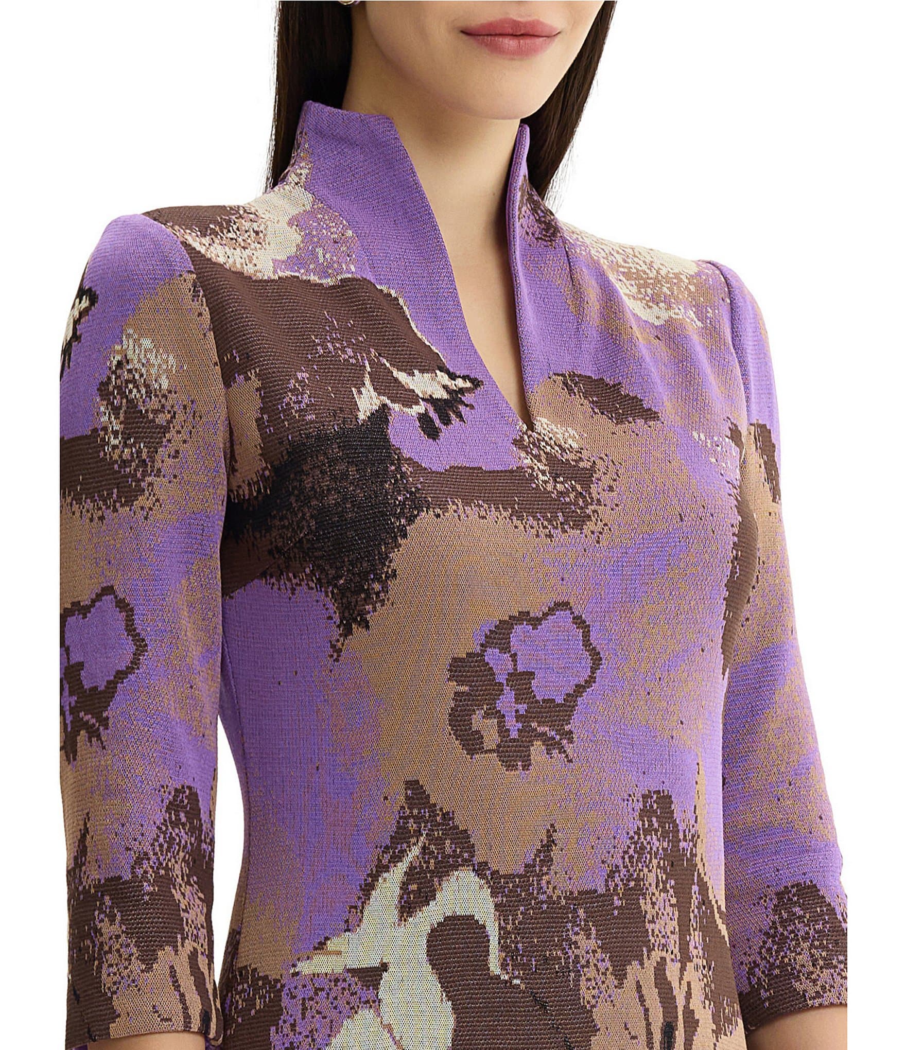 Ming Wang Abstract Split V-Neck Mandarin Collar 3/4 Sleeve Jacquard Knit A-Line Dress