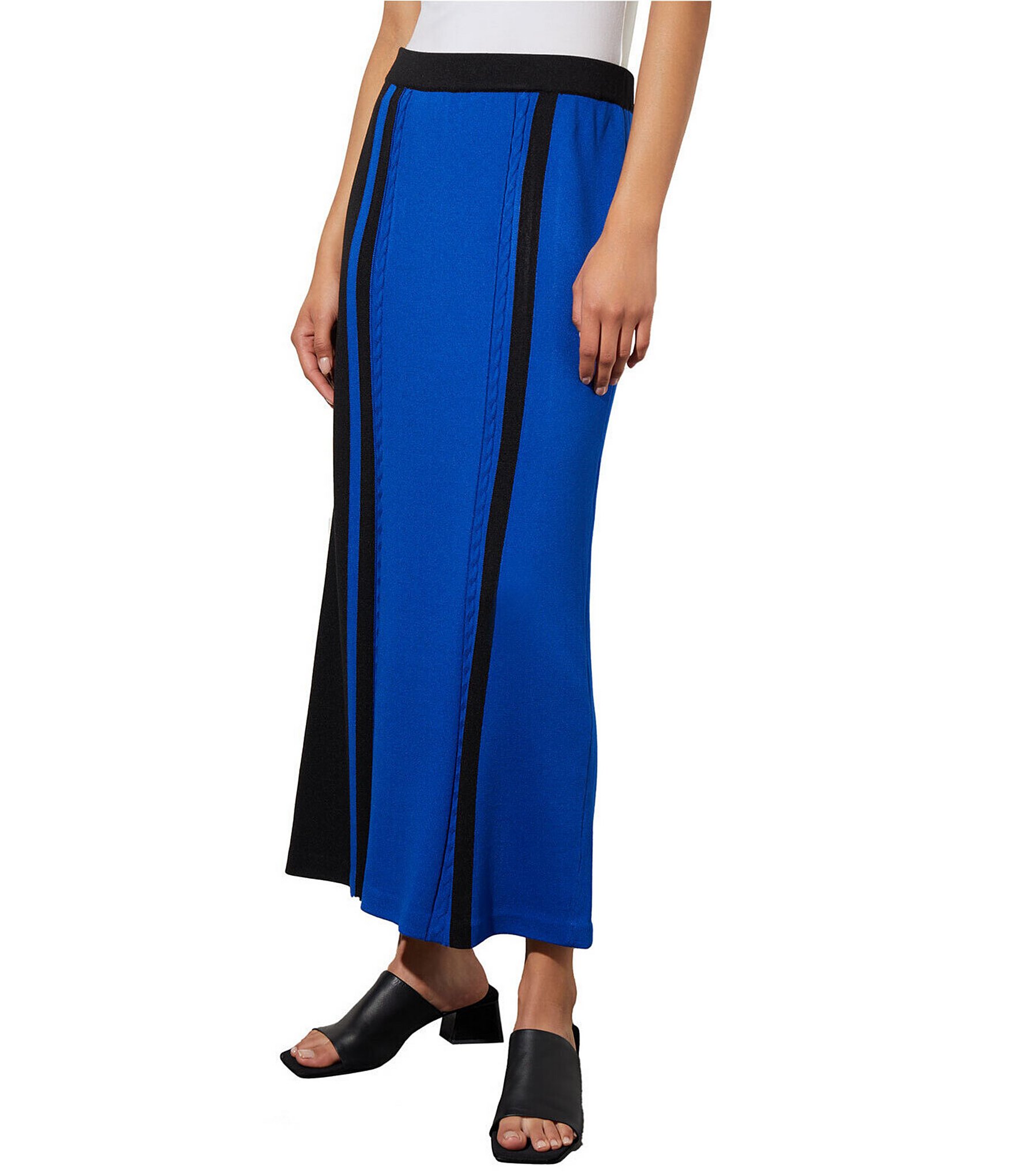 Ming Wang Color Blocked Soft Cable Knit A-Line Maxi Pull-On Skirt ...