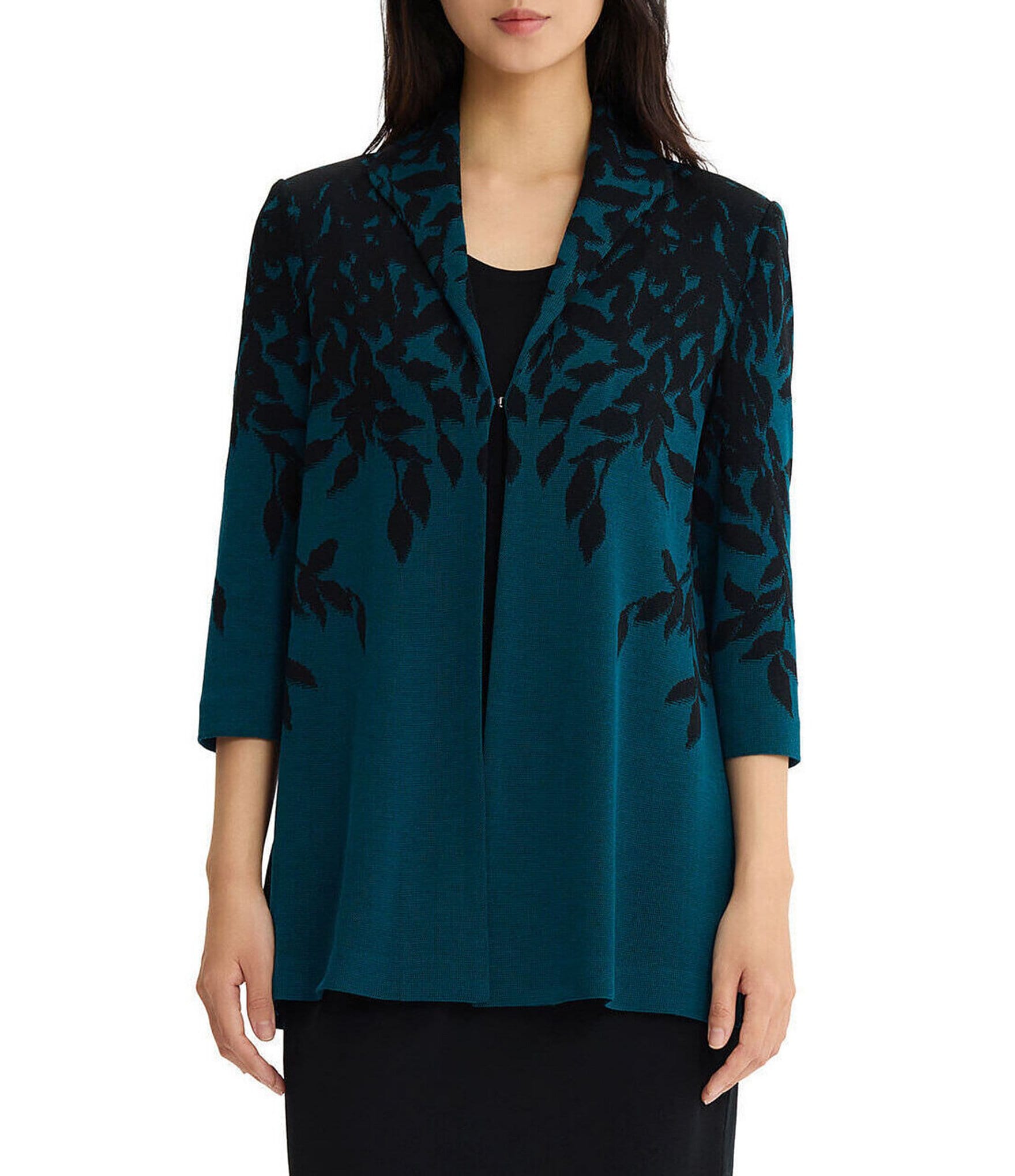 Ming Wang Contrast Floral Cascade Jacquard Knit Wing Collar 3/4 Sleeve Statement Jacket
