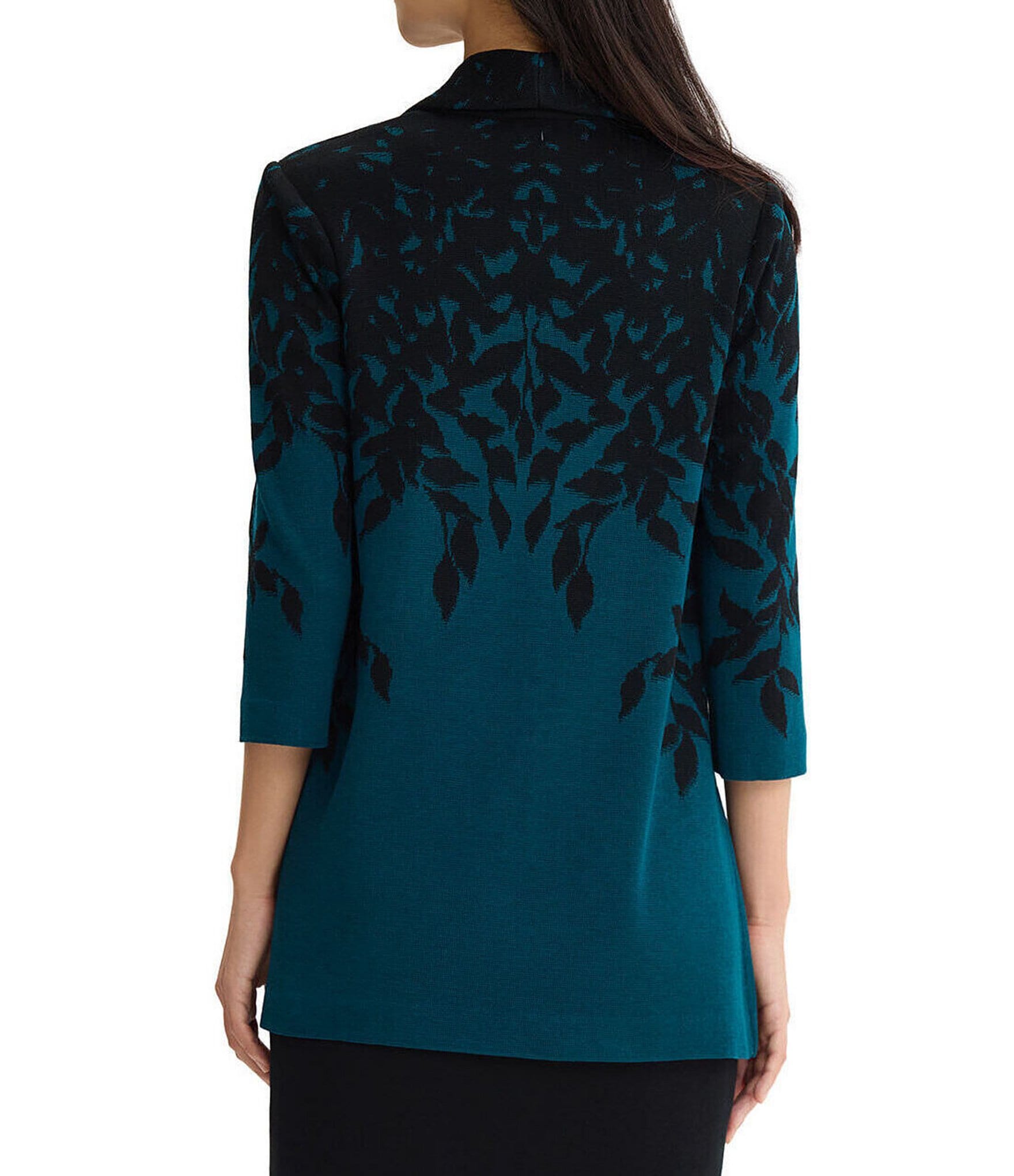 Ming Wang Contrast Floral Cascade Jacquard Knit Wing Collar 3/4 Sleeve Statement Jacket