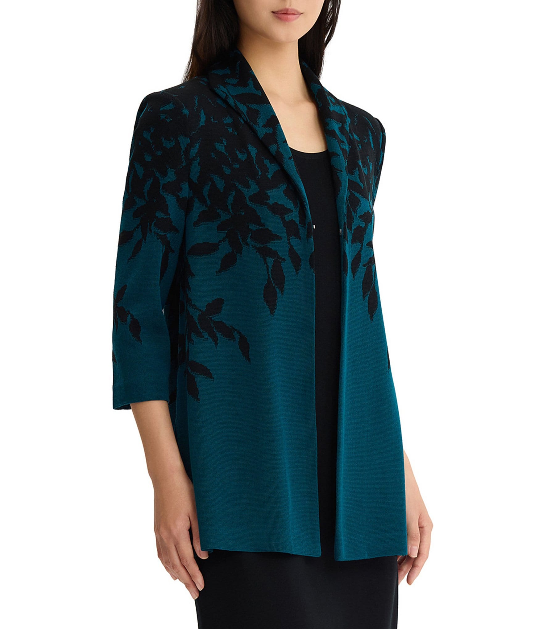 Ming Wang Contrast Floral Cascade Jacquard Knit Wing Collar 3/4 Sleeve Statement Jacket