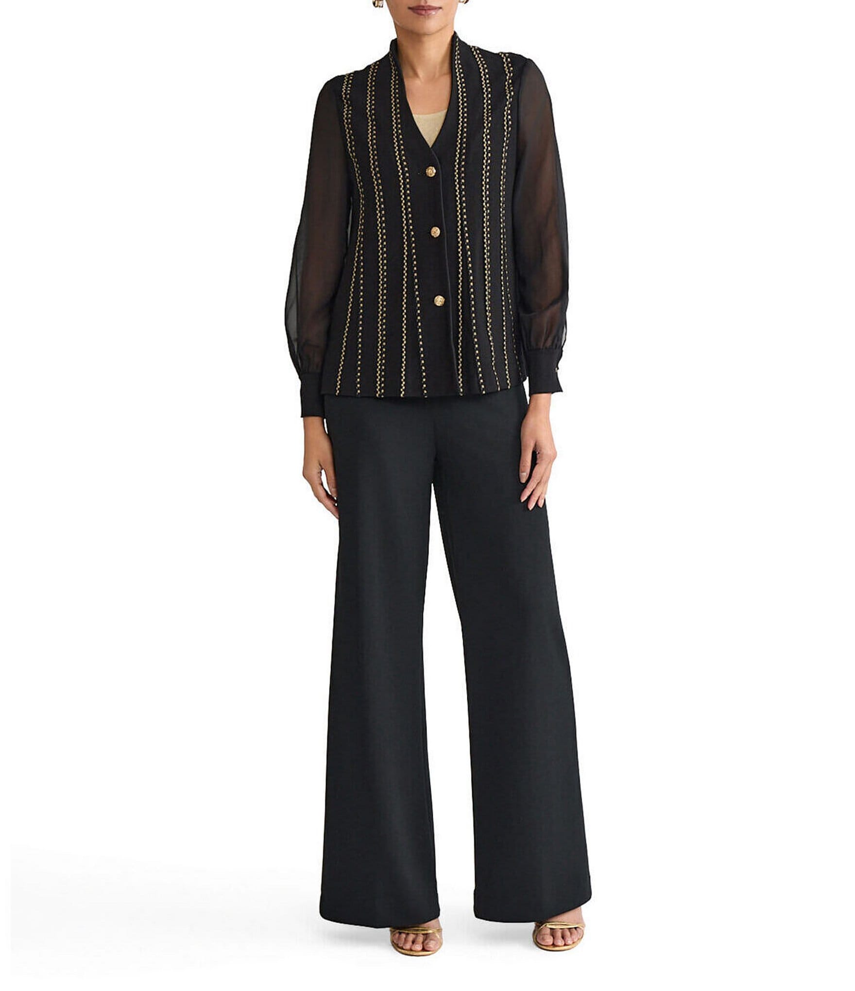 Ming Wang Coordinating Lurex Soft Knit Stripe Collar V-Neck Sheer Long Sleeve Cardigan