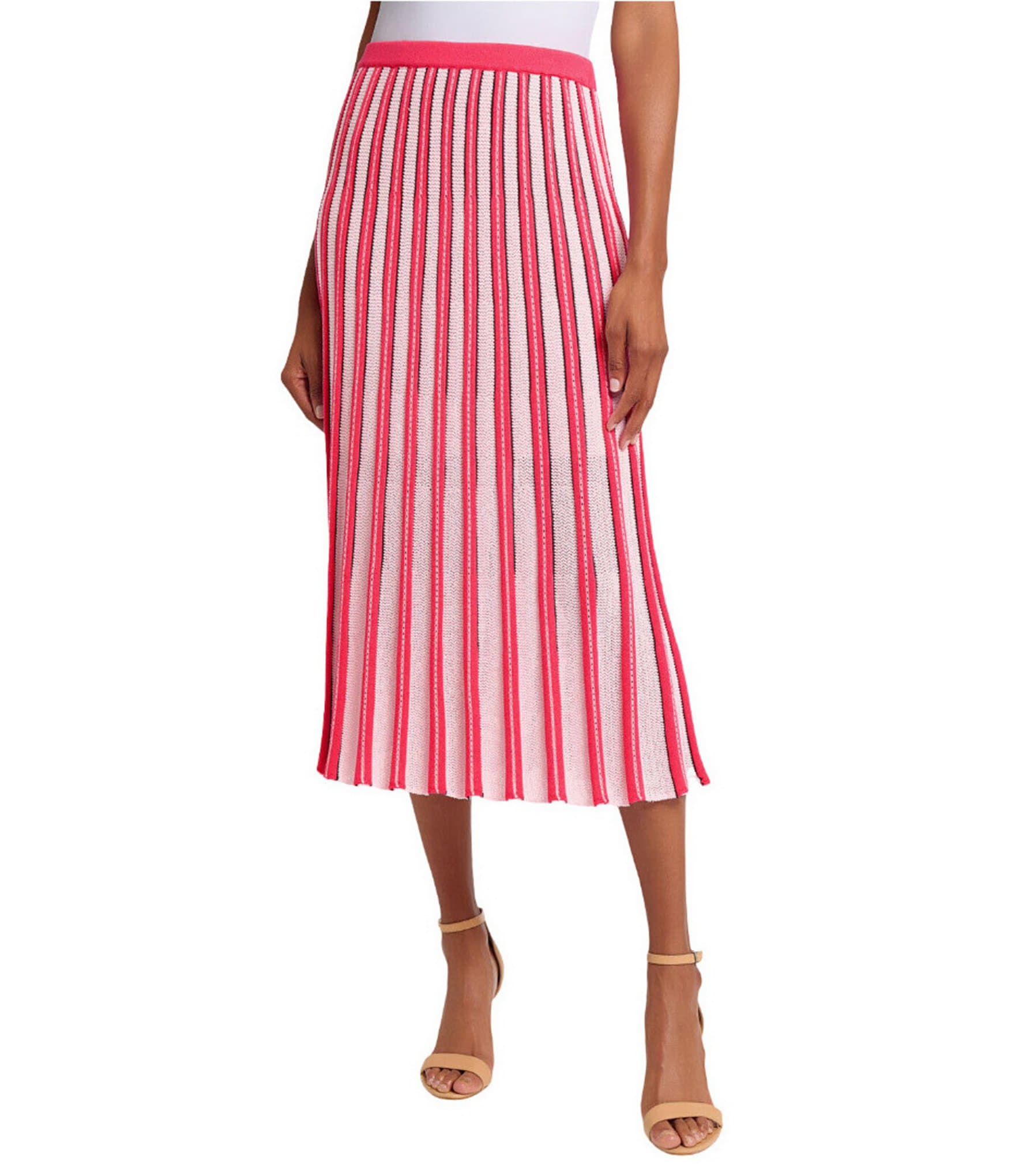 Ming Wang Coordinating Pointelle Striped Ribbed Knit Elastic Waist A-Line Midi Skirt