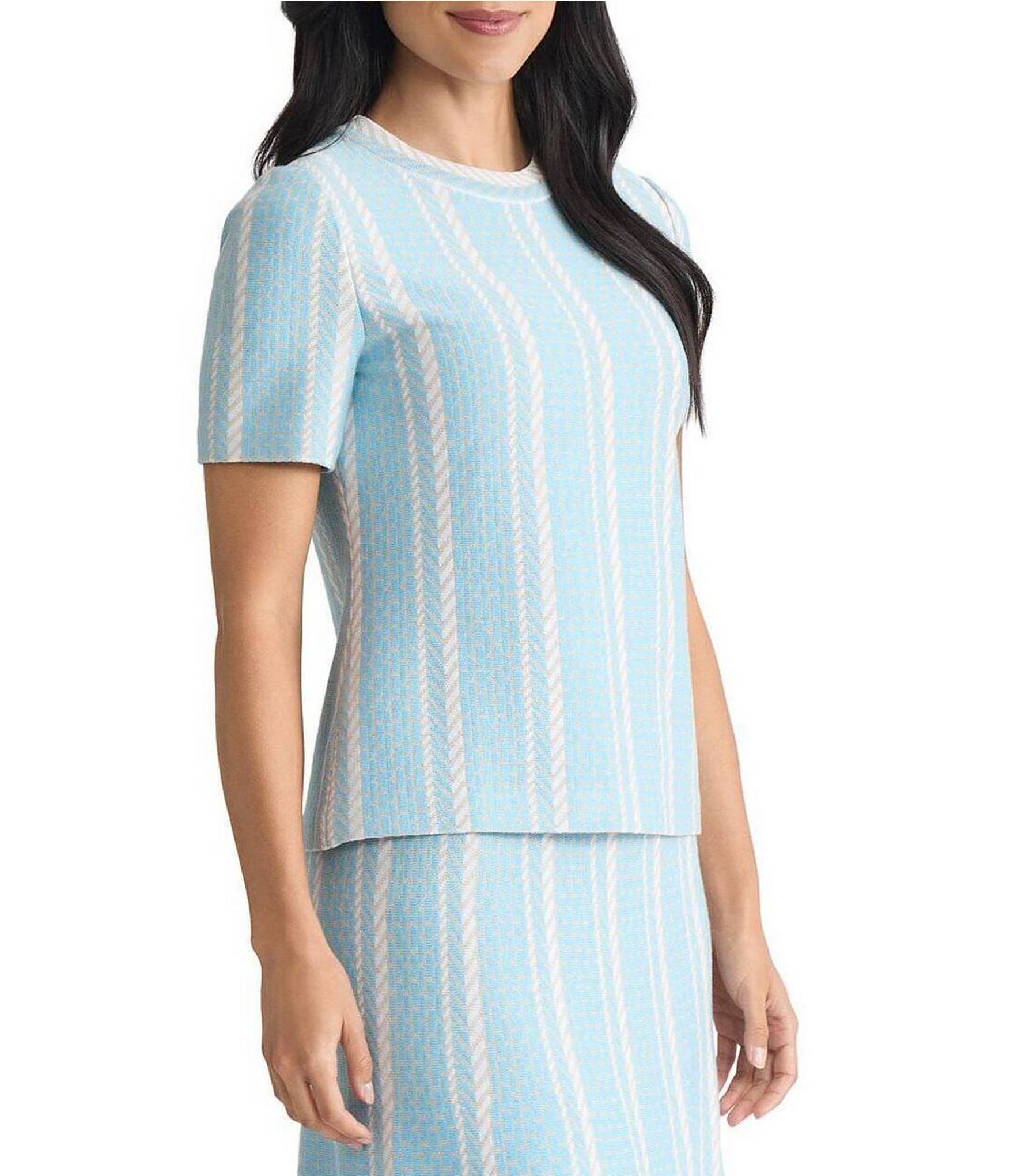 Ming Wang Coorinating Multi-Pattern Soft Knit Crew Neck Short Sleeve Top