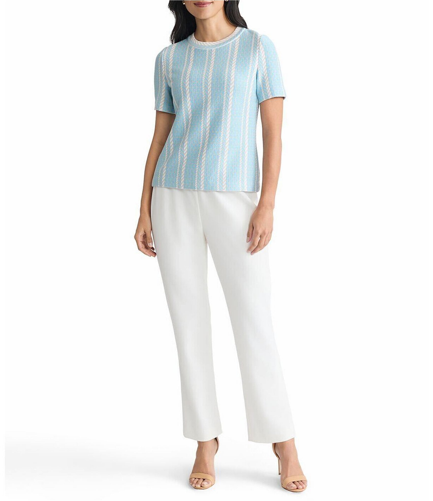 Ming Wang Coorinating Multi-Pattern Soft Knit Crew Neck Short Sleeve Top