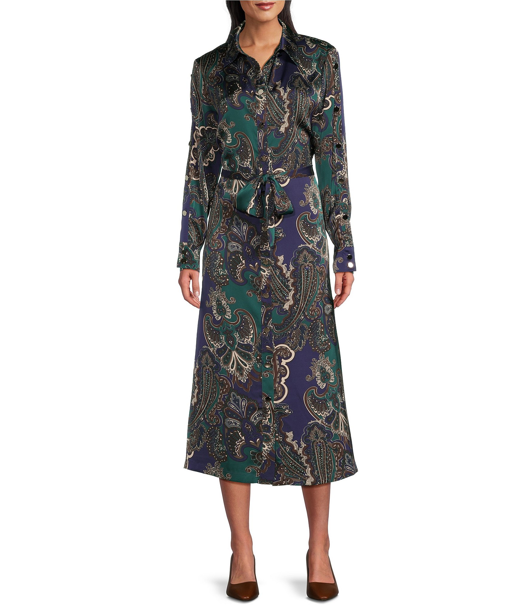 Ming Wang Crepe de Chine Charmeuse Paisley Print Point Collar Long Sleeve Self-Tie Button Front Maxi Shirt Dress