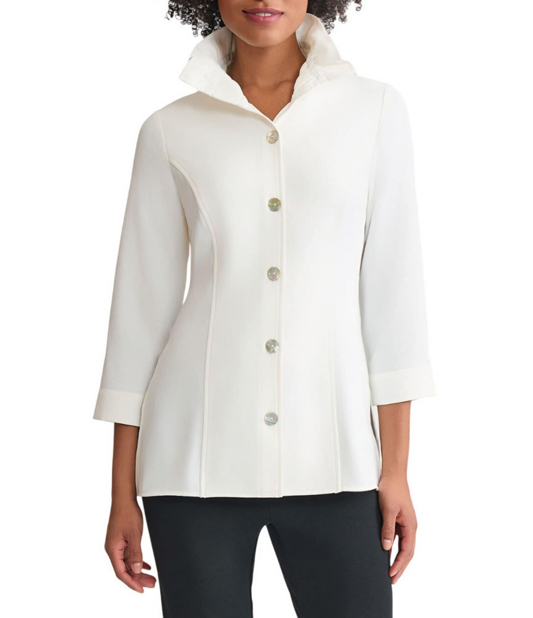 Ming Wang Crepe De Chine Ruffle Neck 3/4 Sleeve Button Front Top
