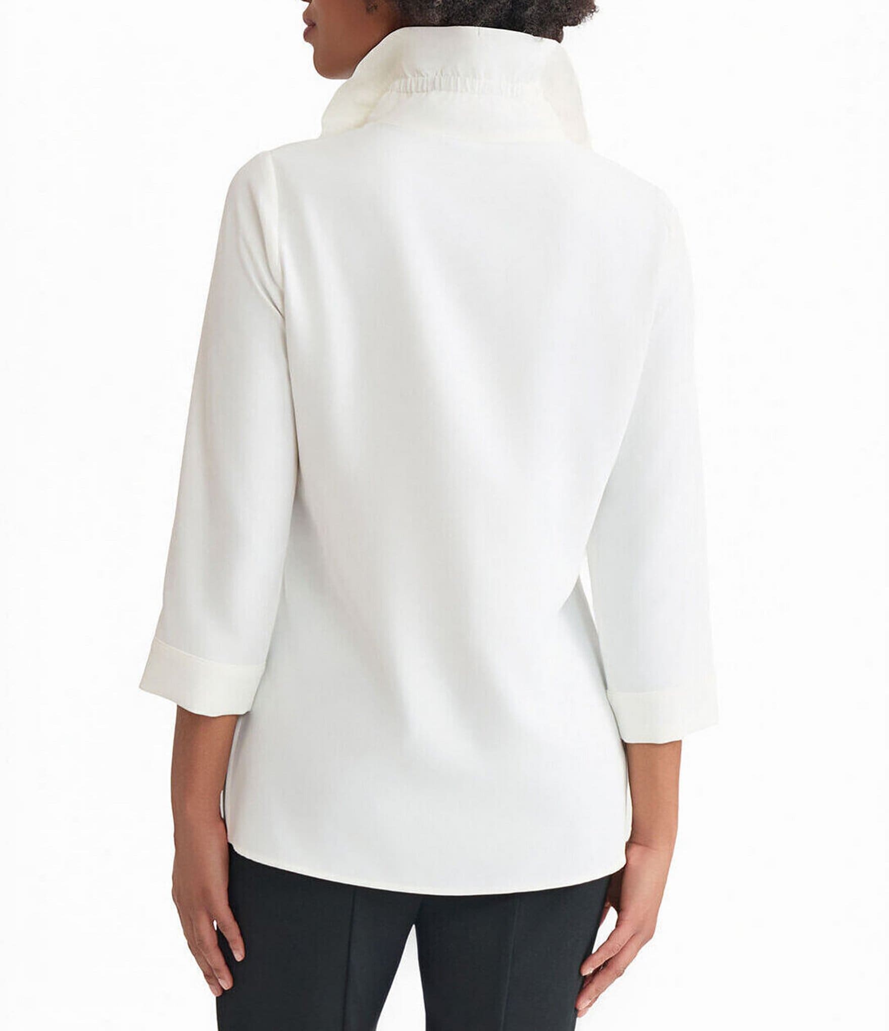 Ming Wang Crepe De Chine Ruffle Neck 3/4 Sleeve Button Front Top