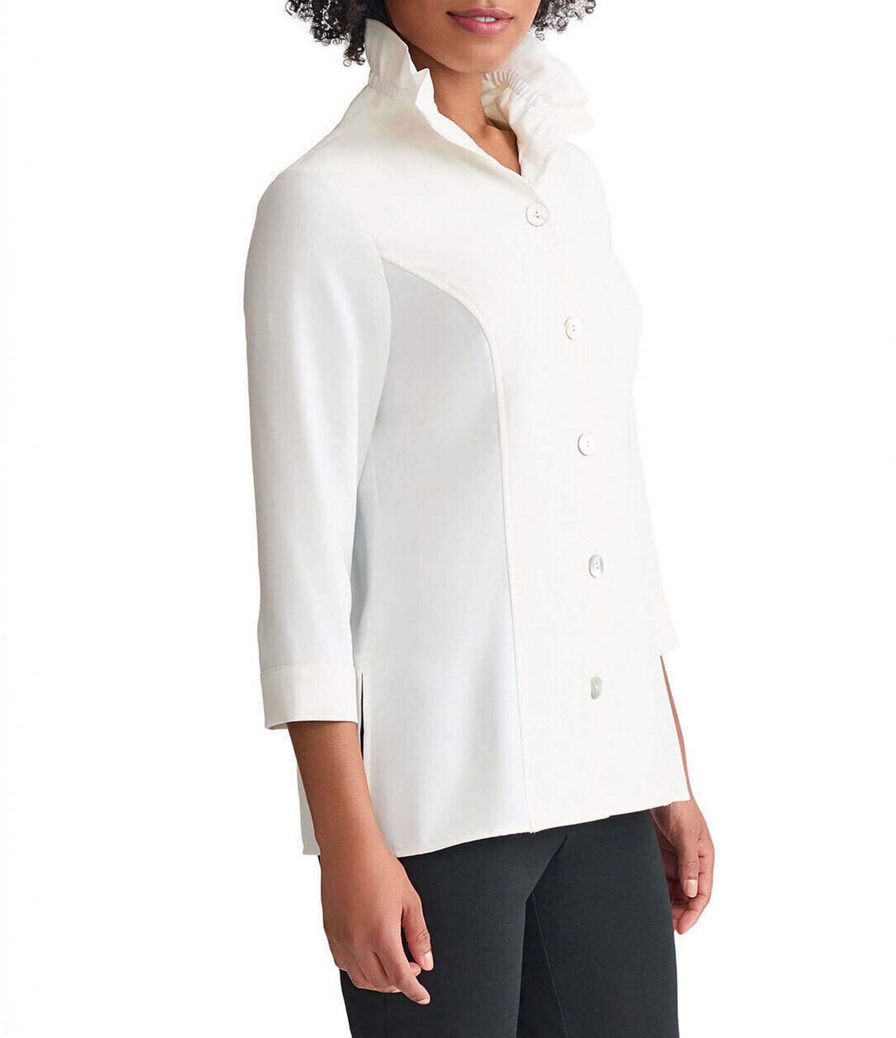 Ming Wang Crepe De Chine Ruffle Neck 3/4 Sleeve Button Front Top
