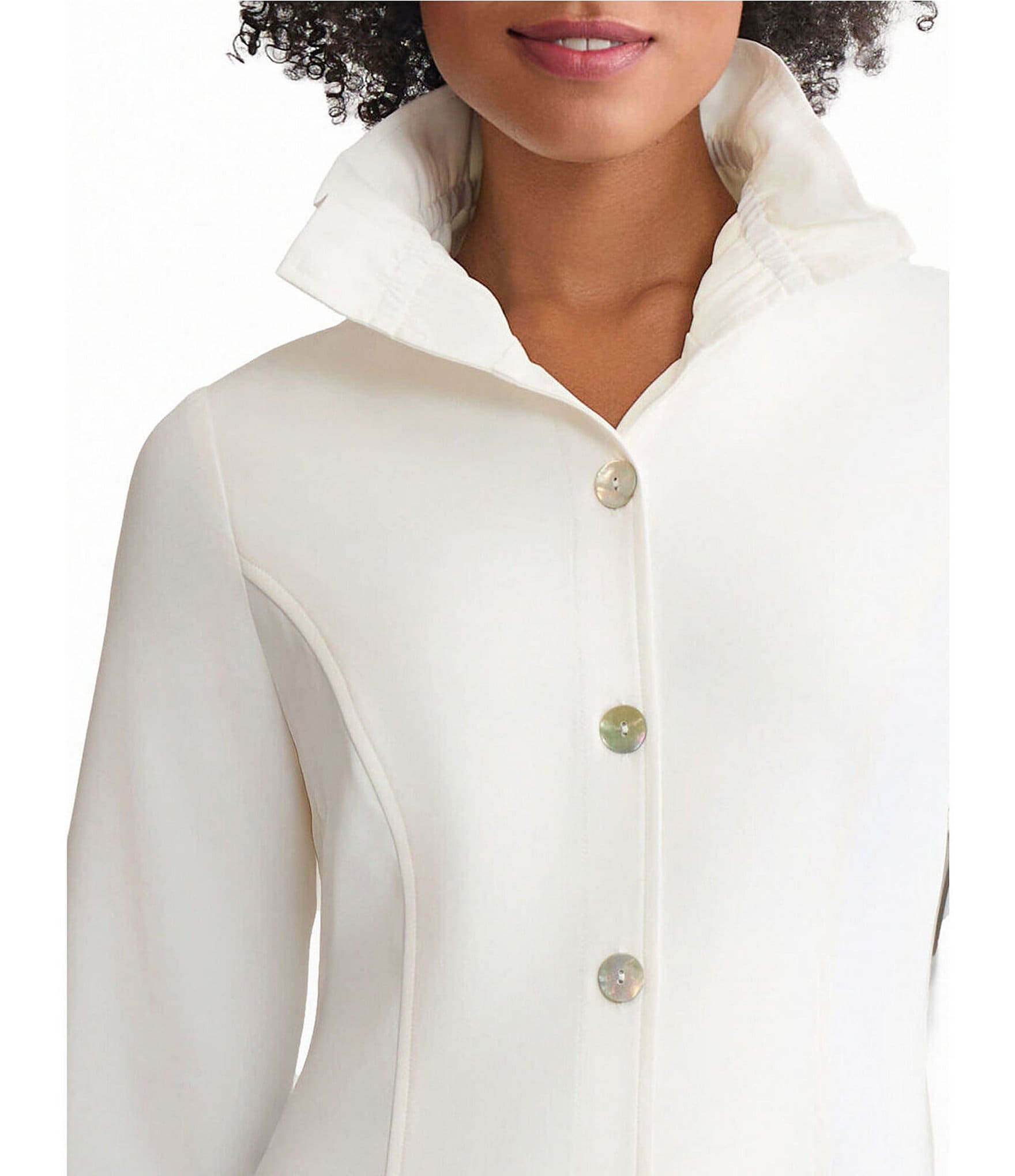 Ming Wang Crepe De Chine Ruffle Neck 3/4 Sleeve Button Front Top