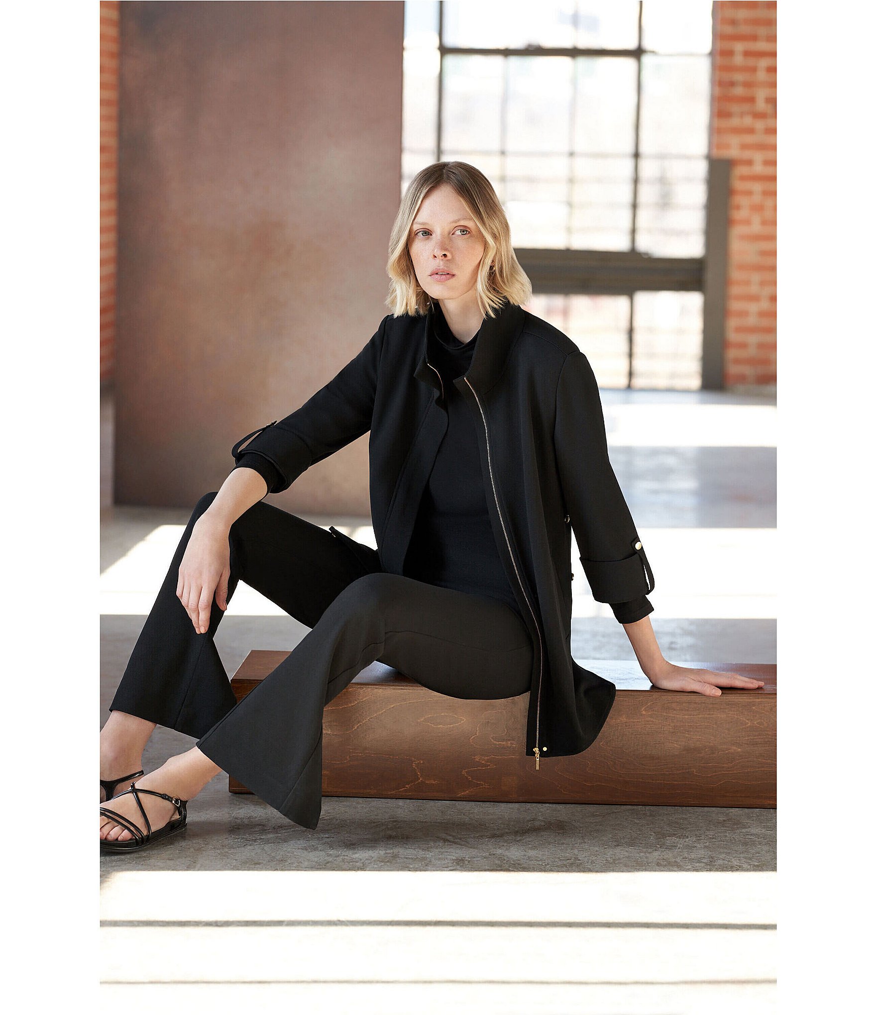 Ming Wang Deco Crepe 3/4 Sleeve Zip Front Jacket