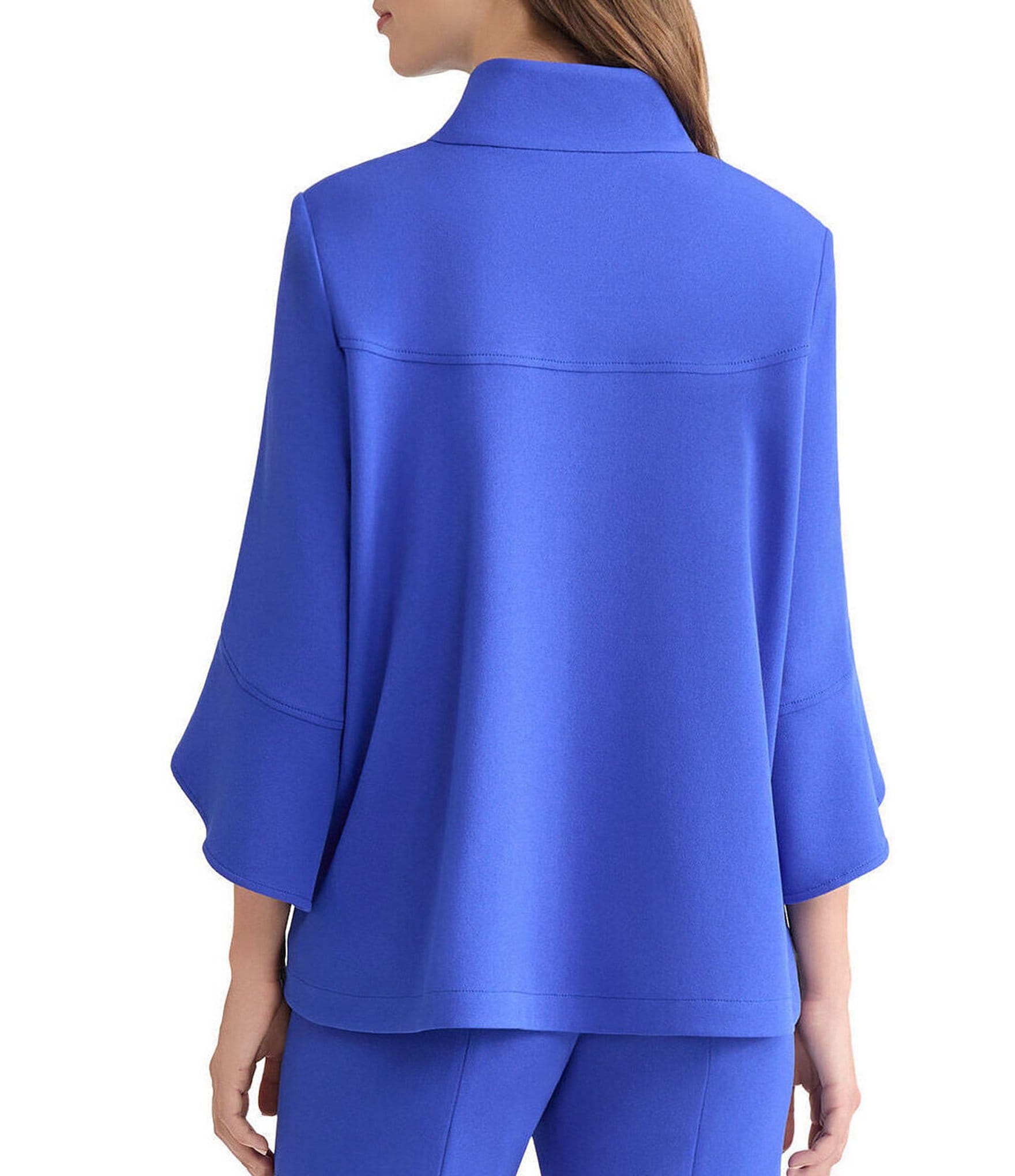 Ming Wang Deco Crepe Winged Collar Bell Sleeve Button Front Jacket